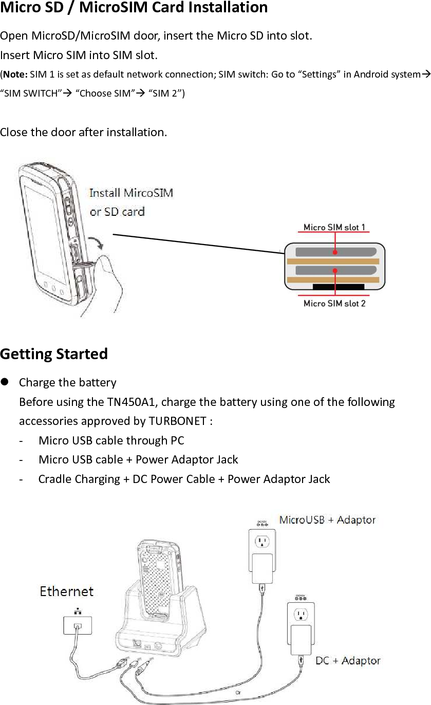 Micro SD / MicroSIM Card Installation   Open MicroSD/MicroSIM door, insert the Micro SD into slot. Insert Micro SIM into SIM slot.   (Note: SIM 1 is set as default network connection; SIM switch: Go to “Settings” in Android system “SIM SWITCH” “Choose SIM” “SIM 2”)    Close the door after installation.           Getting Started    Charge the battery Before using the TN450A1, charge the battery using one of the following accessories approved by TURBONET : - Micro USB cable through PC   - Micro USB cable + Power Adaptor Jack   - Cradle Charging + DC Power Cable + Power Adaptor Jack  