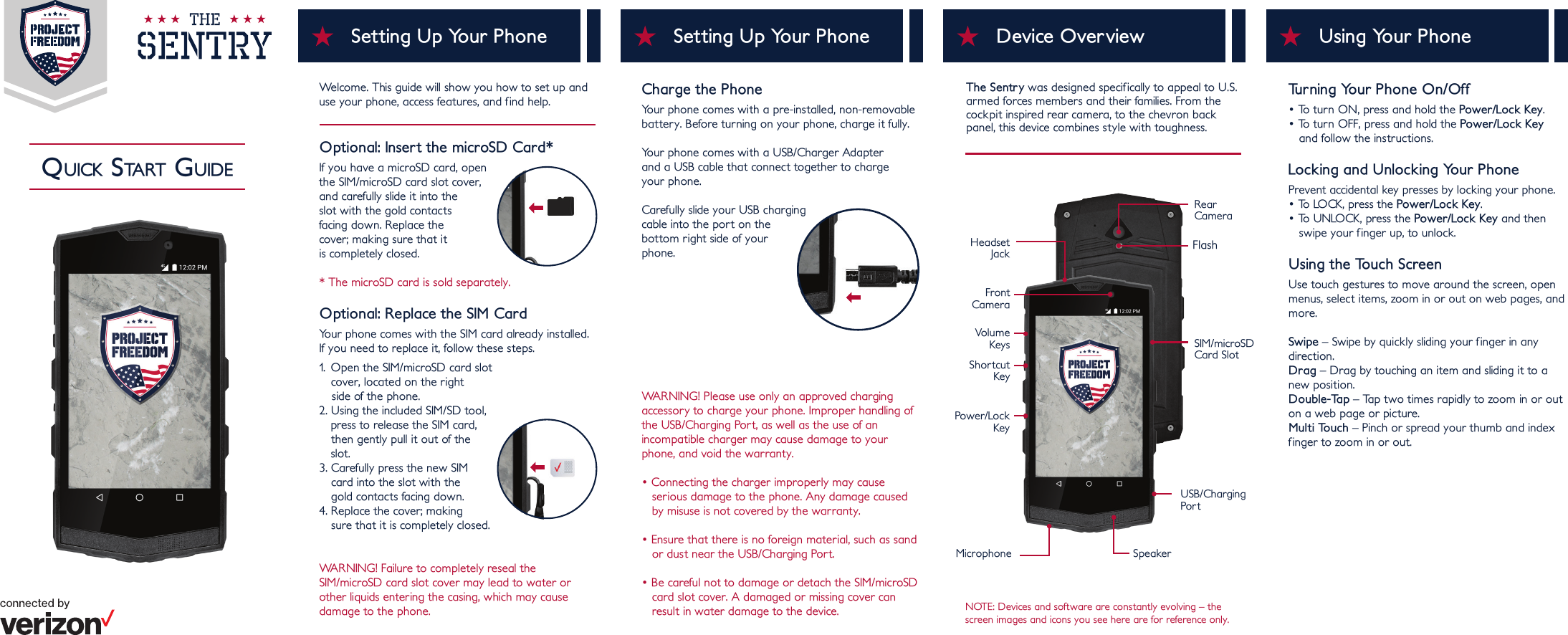 QUICK STA RT  GUIDESetting Up Your PhoneWelcome. This guide will show you how to set up and use your phone, access features, and find help.Optional: Insert the microSD Card*If you have a microSD card, open the SIM/microSD card slot cover, and carefully slide it into the slot with the gold contacts facing down. Replace the cover; making sure that it is completely closed.* The microSD card is sold separately.Optional: Replace the SIM CardYour phone comes with the SIM card already installed.  If you need to replace it, follow these steps.1.  Open the SIM/microSD card slot    cover, located on the right    side of the phone.2. Using the included SIM/SD tool,    press to release the SIM card,    then gently pull it out of the   slot.3. Carefully press the new SIM    card into the slot with the    gold contacts facing down.4. Replace the cover; making     sure that it is completely closed.WARNING! Failure to completely reseal the SIM/microSD card slot cover may lead to water or other liquids entering the casing, which may cause damage to the phone.Turning Your Phone On/Off• To turn ON, press and hold the Power/Lock Key.• To turn OFF, press and hold the Power/Lock Key    and follow the instructions.Locking and Unlocking Your PhonePrevent accidental key presses by locking your phone.• To LOCK, press the Power/Lock Key.• To UNLOCK, press the Power/Lock Key and then    swipe your finger up, to unlock.Using the Touch ScreenUse touch gestures to move around the screen, open menus, select items, zoom in or out on web pages, and more.Swipe – Swipe by quickly sliding your finger in any direction.Drag – Drag by touching an item and sliding it to a new position.Double-Tap – Tap two times rapidly to zoom in or out on a web page or picture.Multi Touch – Pinch or spread your thumb and index finger to zoom in or out.The Sentry was designed specifically to appeal to U.S.armed forces members and their families. From thecockpit inspired rear camera, to the chevron back panel, this device combines style with toughness.Setting Up Your PhoneCharge the PhoneYour phone comes with a pre-installed, non-removable battery. Before turning on your phone, charge it fully.Your phone comes with a USB/Charger Adapter and a USB cable that connect together to charge your phone.  Carefully slide your USB charging cable into the port on thebottom right side of yourphone.WARNING! Please use only an approved charging accessory to charge your phone. Improper handling of the USB/Charging Port, as well as the use of an incompatible charger may cause damage to your phone, and void the warranty. • Connecting the charger improperly may cause    serious damage to the phone. Any damage caused    by misuse is not covered by the warranty.• Ensure that there is no foreign material, such as sand       or dust near the USB/Charging Port.• Be careful not to damage or detach the SIM/microSD   card slot cover. A damaged or missing cover can    result in water damage to the device. Device OverviewFrontCameraHeadsetJackSpeakerMicrophoneRear CameraUSB/ChargingPor tVolumeKeysPower/LockKeySIM/microSDCard SlotShortcutKeyFlashUsing Your PhoneNOTE: Devices and software are constantly evolving – the screen images and icons you see here are for reference only.