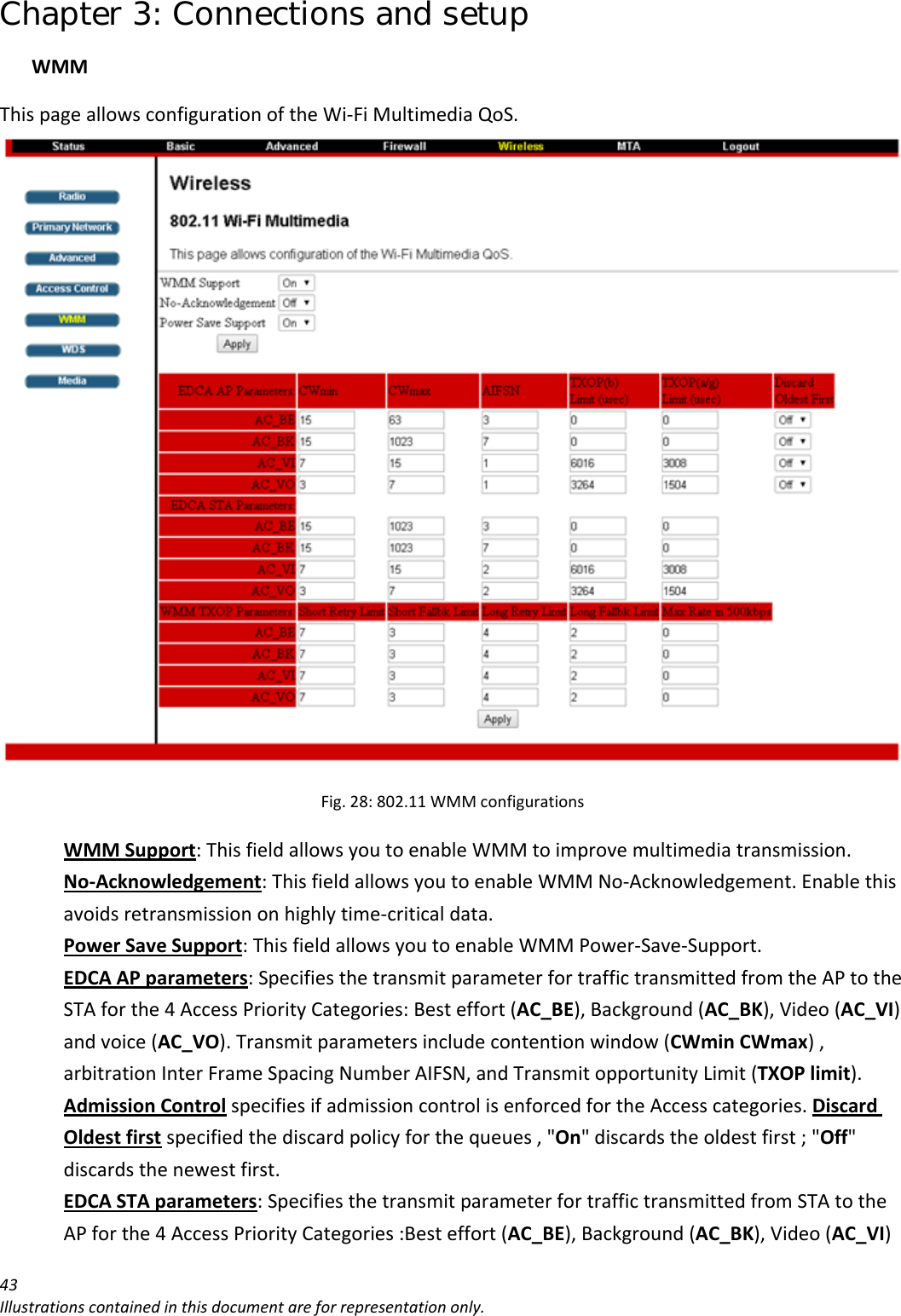 Chapter 3: Connections and setup 43Illustrationscontainedinthisdocumentareforrepresentationonly.WMMThispageallowsconfigurationoftheWi‐FiMultimediaQoS.Fig.28:802.11WMMconfigurationsWMMSupport:ThisfieldallowsyoutoenableWMMtoimprovemultimediatransmission.No‐Acknowledgement:ThisfieldallowsyoutoenableWMMNo‐Acknowledgement.Enablethisavoidsretransmissiononhighlytime‐criticaldata.PowerSaveSupport:ThisfieldallowsyoutoenableWMMPower‐Save‐Support.EDCAAPparameters:SpecifiesthetransmitparameterfortraffictransmittedfromtheAPtotheSTAforthe4AccessPriorityCategories:Besteffort(AC_BE),Background(AC_BK),Video(AC_VI)andvoice(AC_VO).Transmitparametersincludecontentionwindow(CWminCWmax),arbitrationInterFrameSpacingNumberAIFSN,andTransmitopportunityLimit(TXOPlimit).AdmissionControlspecifiesifadmissioncontrolisenforcedfortheAccesscategories.DiscardOldestfirstspecifiedthediscardpolicyforthequeues,&quot;On&quot;discardstheoldestfirst;&quot;Off&quot;discardsthenewestfirst.EDCASTAparameters:SpecifiesthetransmitparameterfortraffictransmittedfromSTAtotheAPforthe4AccessPriorityCategories:Besteffort(AC_BE),Background(AC_BK),Video(AC_VI)