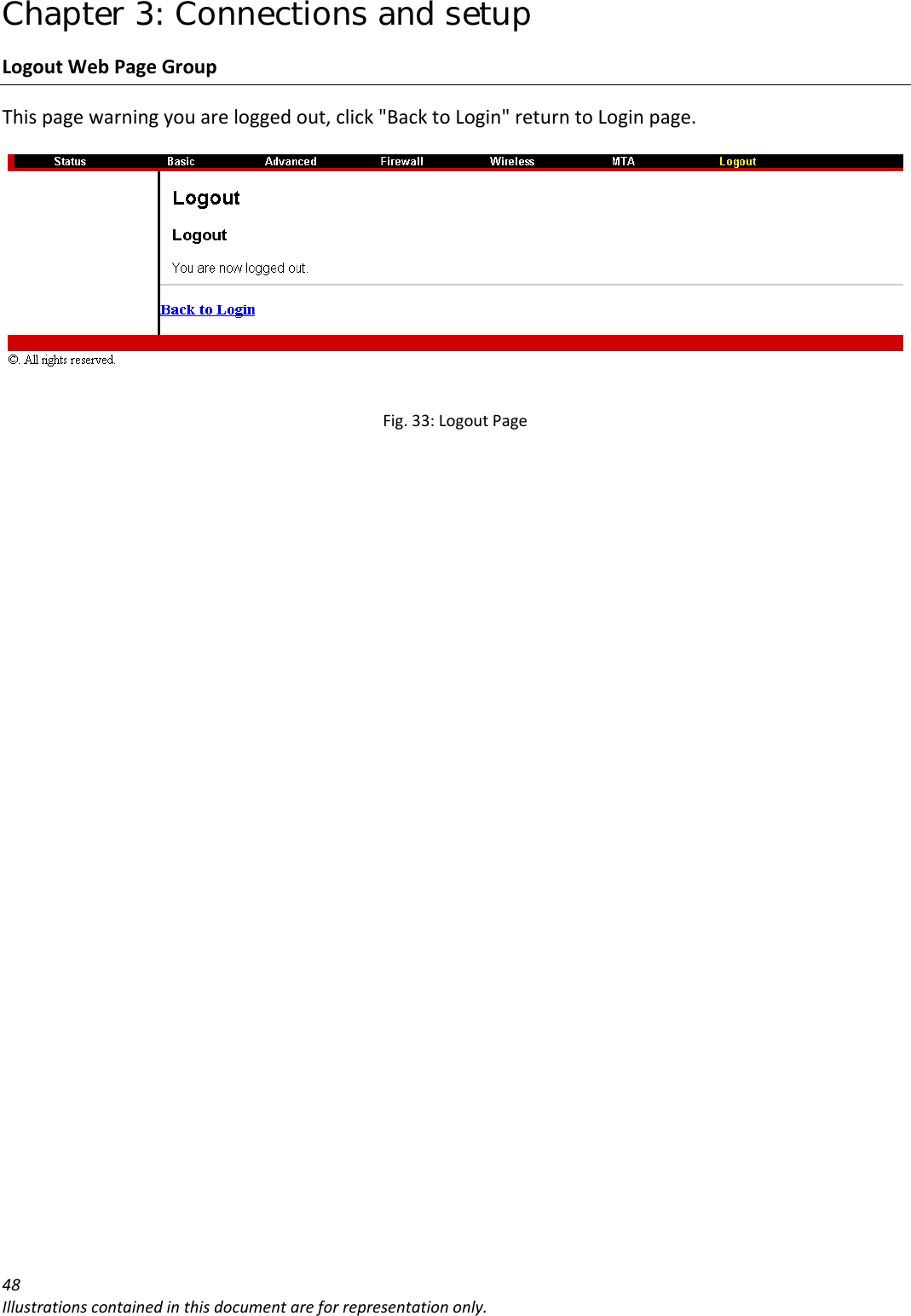 Chapter 3: Connections and setup 48Illustrationscontainedinthisdocumentareforrepresentationonly.LogoutWebPageGroupThispagewarningyouareloggedout,click&quot;BacktoLogin&quot;returntoLoginpage.Fig.33:LogoutPage