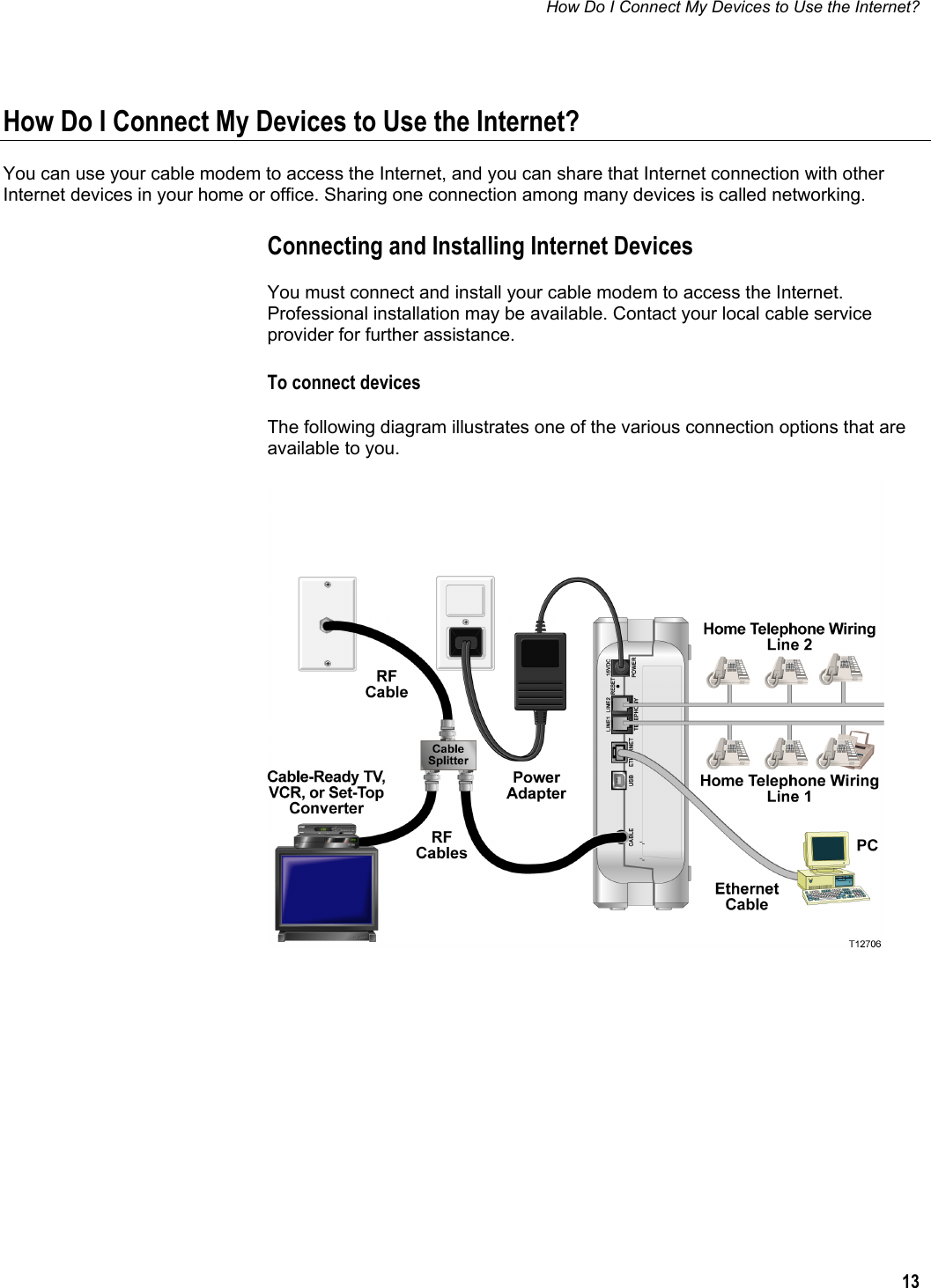 How Do I Connect My Devices to Use the Internet?  13  How Do I Connect My Devices to Use the Internet? You can use your cable modem to access the Internet, and you can share that Internet connection with other Internet devices in your home or office. Sharing one connection among many devices is called networking.  Connecting and Installing Internet Devices You must connect and install your cable modem to access the Internet. Professional installation may be available. Contact your local cable service provider for further assistance. To connect devices The following diagram illustrates one of the various connection options that are available to you.    