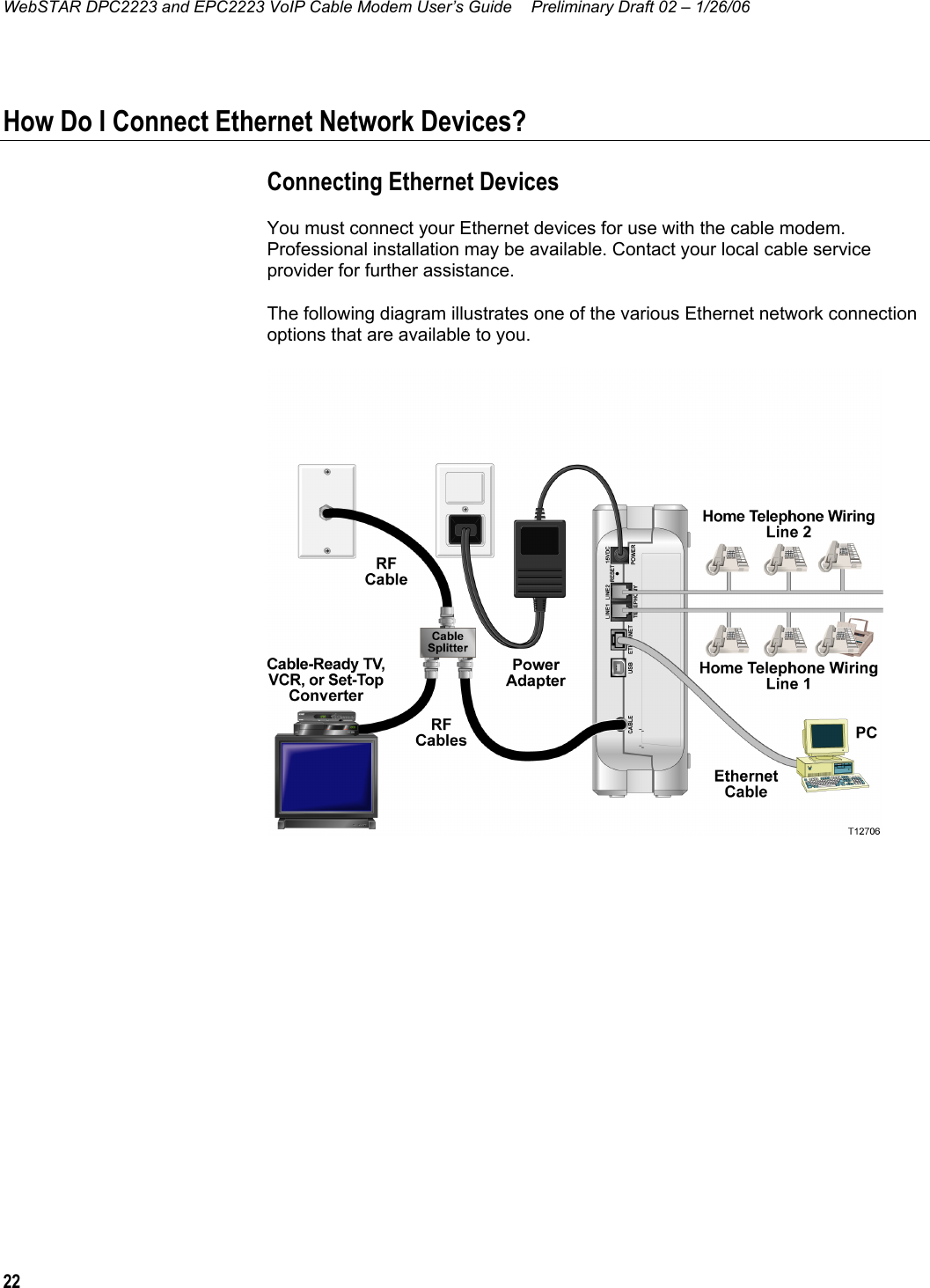 WebSTAR DPC2223 and EPC2223 VoIP Cable Modem User’s Guide  Preliminary Draft 02 – 1/26/06 22  How Do I Connect Ethernet Network Devices? Connecting Ethernet Devices You must connect your Ethernet devices for use with the cable modem. Professional installation may be available. Contact your local cable service provider for further assistance. The following diagram illustrates one of the various Ethernet network connection options that are available to you.     