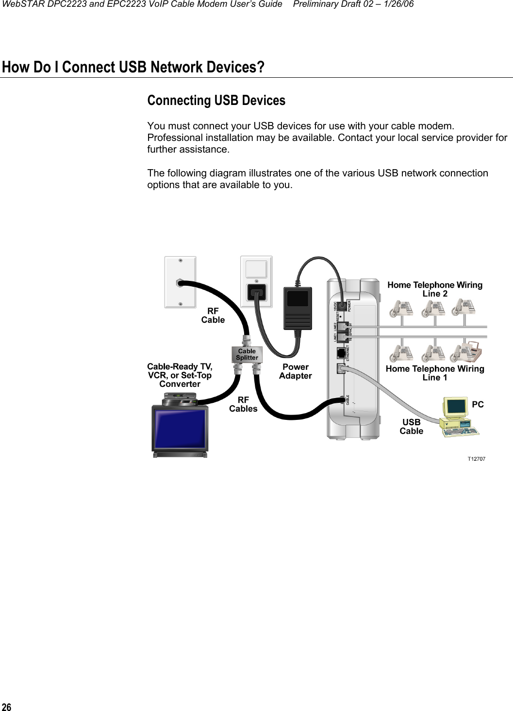 WebSTAR DPC2223 and EPC2223 VoIP Cable Modem User’s Guide  Preliminary Draft 02 – 1/26/06 26  How Do I Connect USB Network Devices? Connecting USB Devices You must connect your USB devices for use with your cable modem. Professional installation may be available. Contact your local service provider for further assistance. The following diagram illustrates one of the various USB network connection options that are available to you.     