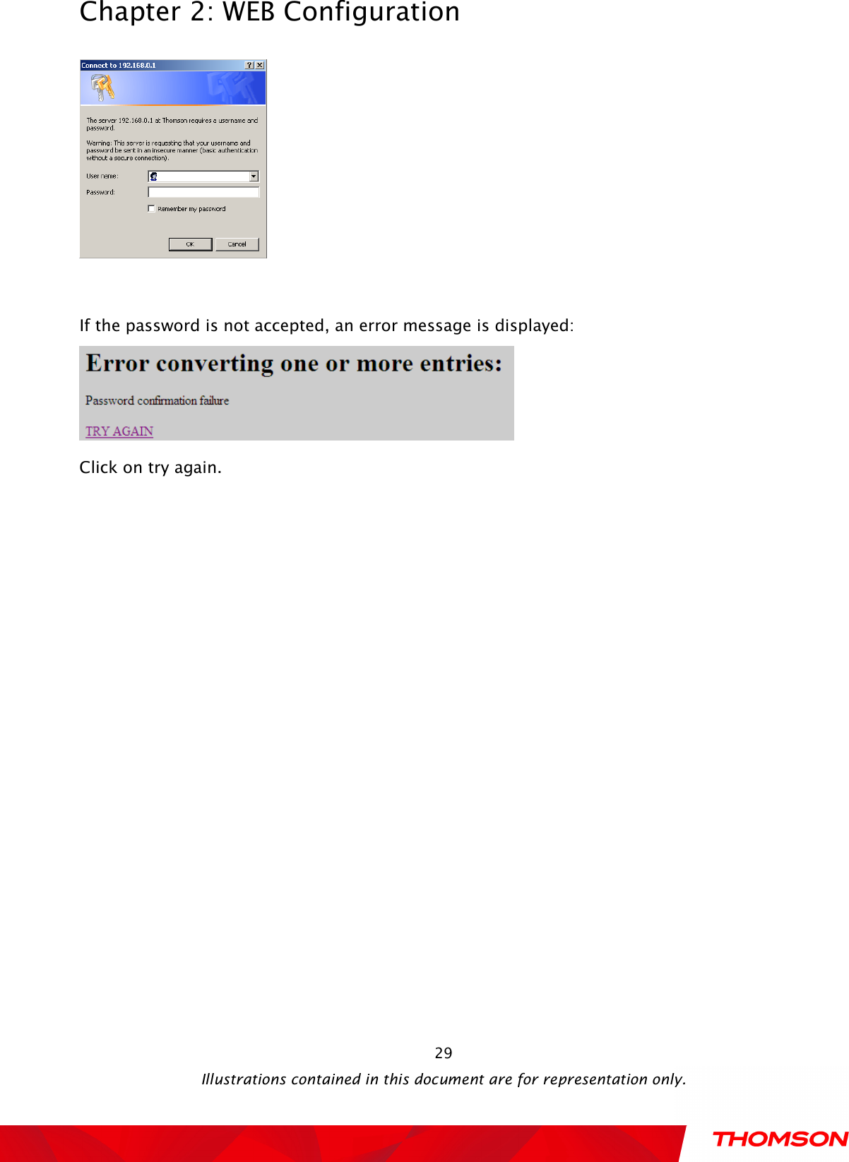  Chapter 2: WEB Configuration  Illustrations contained in this document are for representation only.  29  If the password is not accepted, an error message is displayed:  Click on try again. 