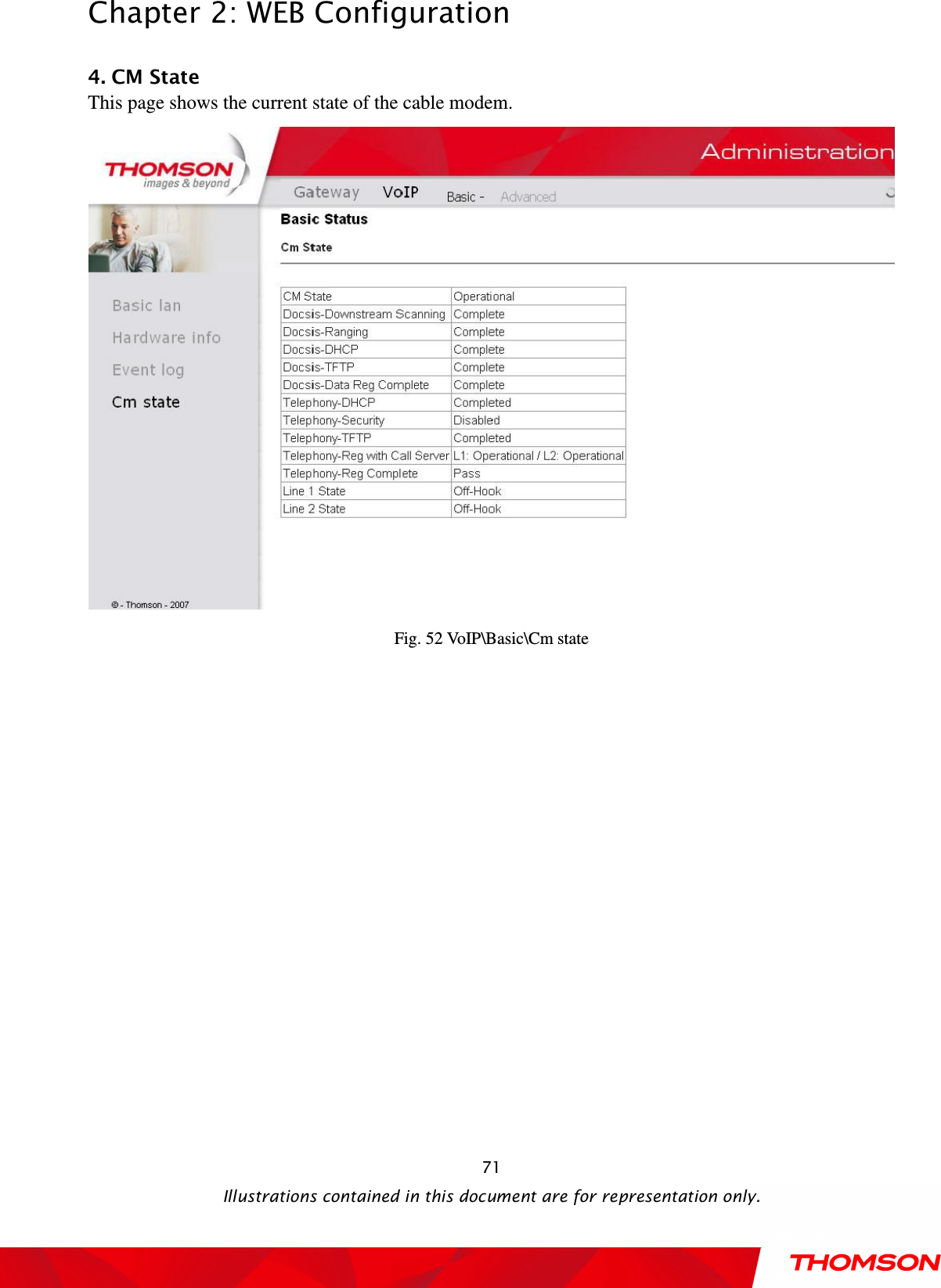  Chapter 2: WEB Configuration  Illustrations contained in this document are for representation only.  714. CM State This page shows the current state of the cable modem.  Fig. 52 VoIP\Basic\Cm state 