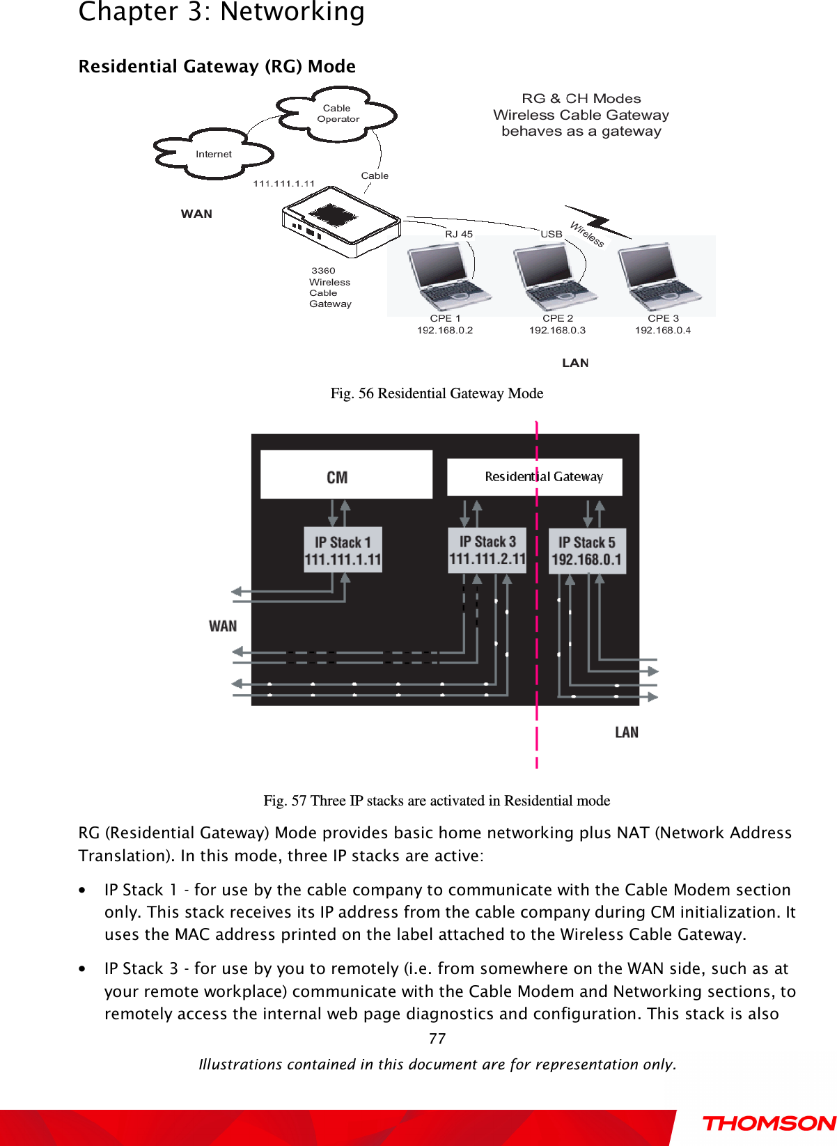  Chapter 3: Networking  Illustrations contained in this document are for representation only.  77Residential Gateway (RG) Mode  Fig. 56 Residential Gateway Mode  Fig. 57 Three IP stacks are activated in Residential mode RG (Residential Gateway) Mode provides basic home networking plus NAT (Network Address Translation). In this mode, three IP stacks are active: • IP Stack 1 - for use by the cable company to communicate with the Cable Modem section only. This stack receives its IP address from the cable company during CM initialization. It uses the MAC address printed on the label attached to the Wireless Cable Gateway. • IP Stack 3 - for use by you to remotely (i.e. from somewhere on the WAN side, such as at your remote workplace) communicate with the Cable Modem and Networking sections, to remotely access the internal web page diagnostics and configuration. This stack is also 