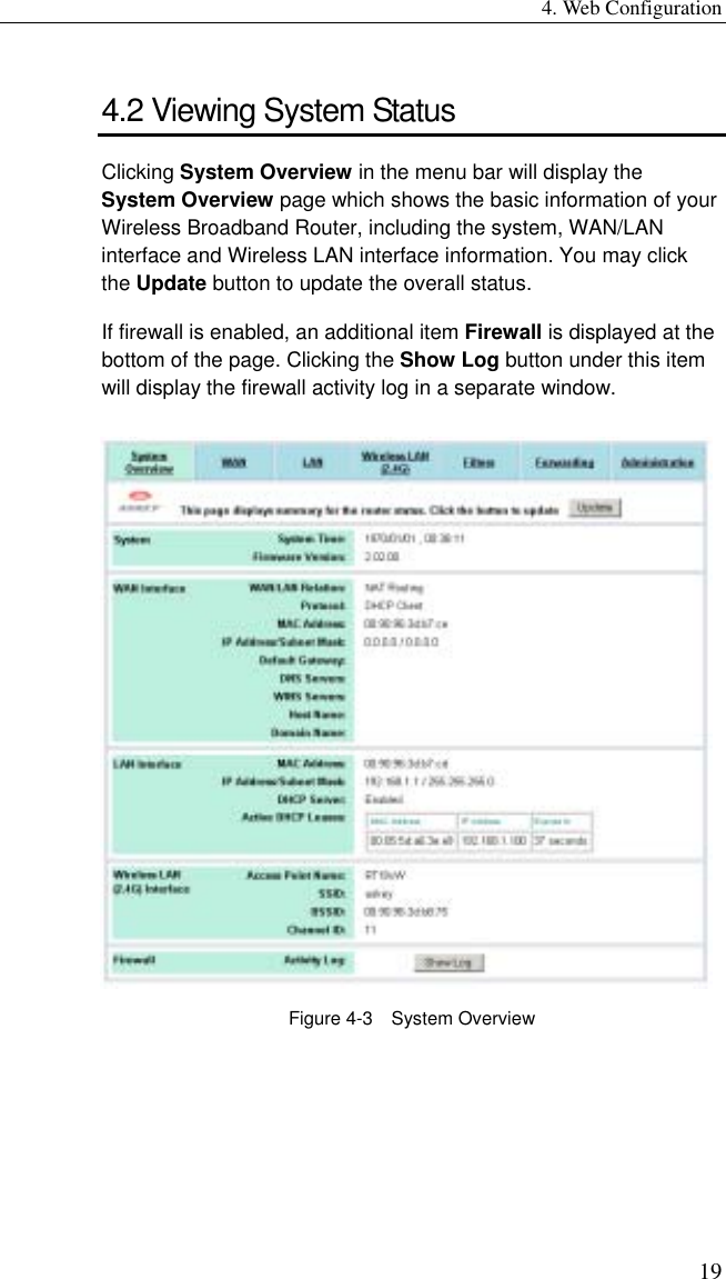 4. Web Configuration 19 4.2 Viewing System Status Clicking System Overview in the menu bar will display the System Overview page which shows the basic information of your Wireless Broadband Router, including the system, WAN/LAN interface and Wireless LAN interface information. You may click the Update button to update the overall status. If firewall is enabled, an additional item Firewall is displayed at the bottom of the page. Clicking the Show Log button under this item will display the firewall activity log in a separate window.  Figure 4-3  System Overview 