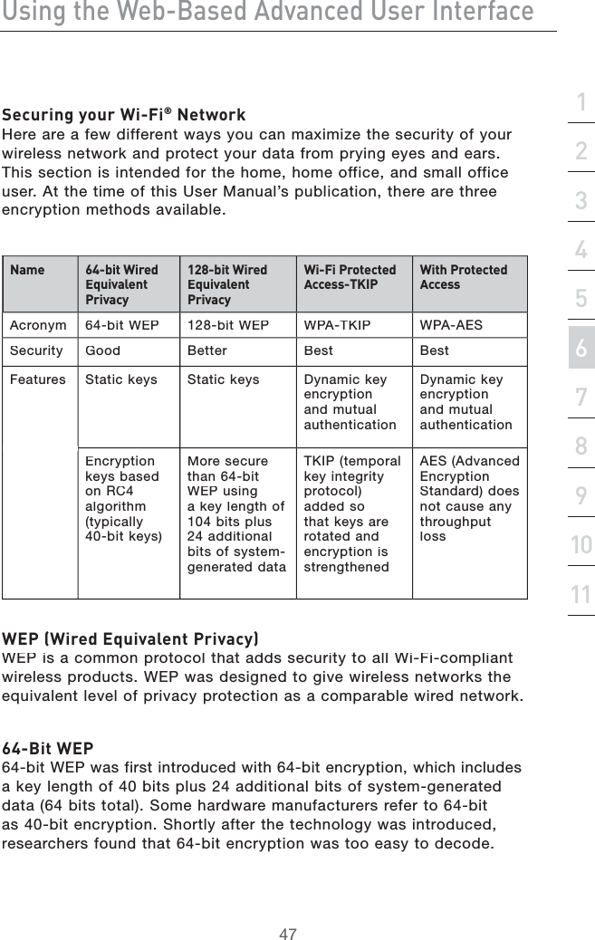 Jh^c\i]ZLZW&quot;7VhZY6YkVcXZYJhZg&gt;ciZg[VXZhZXi^dc&apos;&amp;()*+,-.&amp;%&amp;&amp;&amp;&apos;HZXjg^c\ndjgL^&quot;;^CZildg`(EREAREAFEWDIFFERENTWAYSYOUCANMAXIMIZETHESECURITYOFYOURWIRELESSNETWORKANDPROTECTYOURDATAFROMPRYINGEYESANDEARS4HISSECTIONISINTENDEDFORTHEHOMEHOMEOFFICEANDSMALLOFFICEUSER!TTHETIMEOFTHIS5SER-ANUALSPUBLICATIONTHEREARETHREEENCRYPTIONMETHODSAVAILABLECVbZ+)&quot;W^iL^gZY:fj^kVaZciEg^kVXn&amp;&apos;-&quot;W^iL^gZY:fj^kVaZciEg^kVXnL^&quot;;^EgdiZXiZY6XXZhh&quot;I@&gt;EL^i]EgdiZXiZY6XXZhh!CRONYMBIT7%0BIT7%070!4+)070!!%33ECURITY&apos;OOD&quot;ETTER&quot;EST &quot;EST&amp;EATURES3TATICKEYS 3TATICKEYS$YNAMICKEYENCRYPTIONANDMUTUALAUTHENTICATION$YNAMICKEYENCRYPTIONANDMUTUALAUTHENTICATION%NCRYPTIONKEYSBASEDON2#ALGORITHMTYPICALLYBITKEYS-ORESECURETHANBIT7%0USINGAKEYLENGTHOFBITSPLUSADDITIONALBITSOFSYSTEMGENERATEDDATA4+)0TEMPORALKEYINTEGRITYPROTOCOLADDEDSOTHATKEYSAREROTATEDANDENCRYPTIONISSTRENGTHENED!%3!DVANCED%NCRYPTION3TANDARDDOESNOTCAUSEANYTHROUGHPUTLOSSL:EL^gZY:fj^kVaZciEg^kVXn7%0ISACOMMONPROTOCOLTHATADDSSECURITYTOALL7I&amp;ICOMPLIANTWIRELESSPRODUCTS7%0WASDESIGNEDTOGIVEWIRELESSNETWORKSTHEEQUIVALENTLEVELOFPRIVACYPROTECTIONASACOMPARABLEWIREDNETWORK+)&quot;7^iL:EBIT7%0WASFIRSTINTRODUCEDWITHBITENCRYPTIONWHICHINCLUDESAKEYLENGTHOFBITSPLUSADDITIONALBITSOFSYSTEMGENERATEDDATABITSTOTAL3OMEHARDWAREMANUFACTURERSREFERTOBITASBITENCRYPTION3HORTLYAFTERTHETECHNOLOGYWASINTRODUCEDRESEARCHERSFOUNDTHATBITENCRYPTIONWASTOOEASYTODECODE