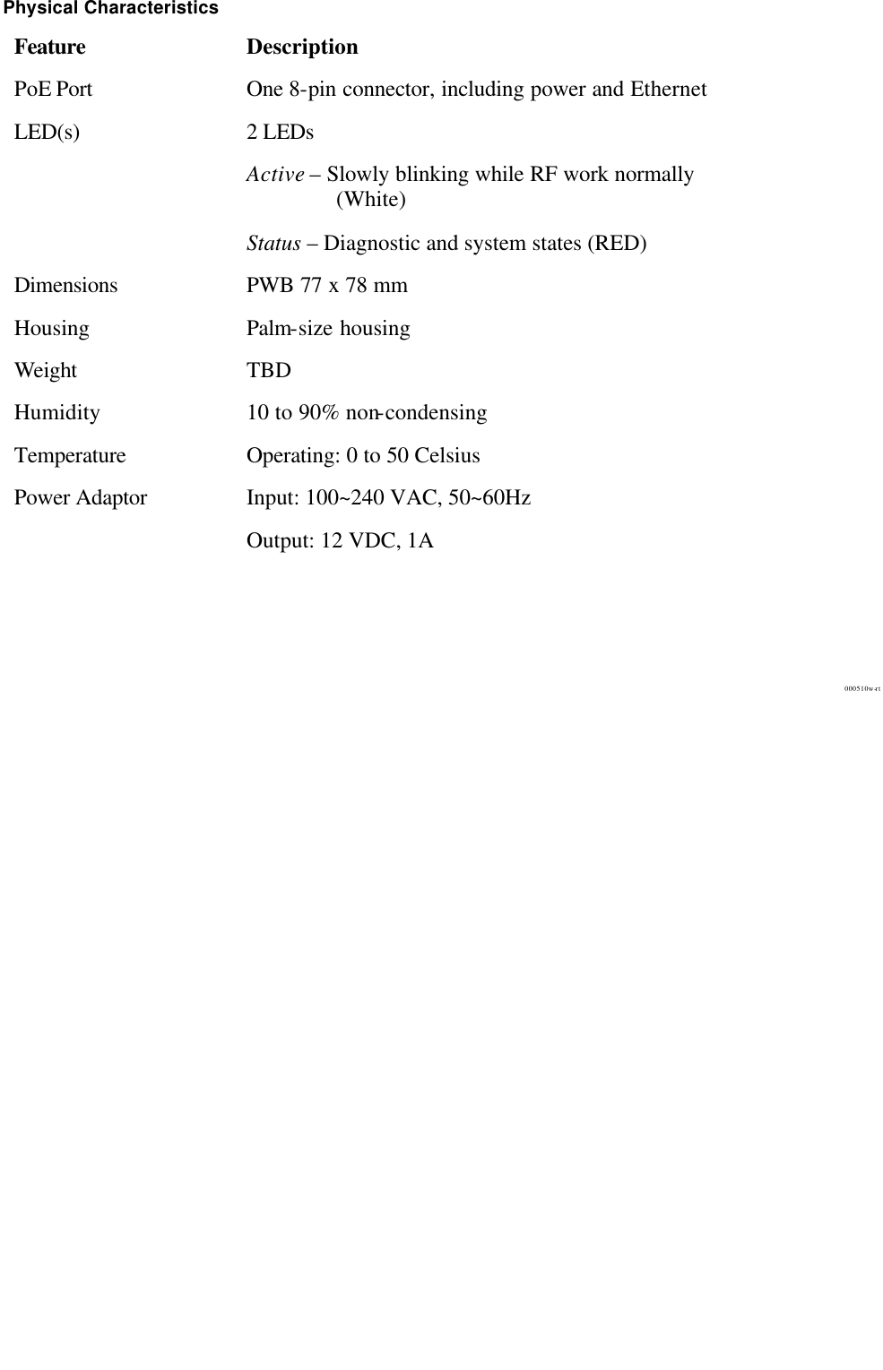   Physical Characteristics Feature Description PoE Port One 8-pin connector, including power and Ethernet  LED(s) 2 LEDs  Active – Slowly blinking while RF work normally (White) Status – Diagnostic and system states (RED) Dimensions PWB 77 x 78 mm Housing Palm-size housing Weight    TBD Humidity 10 to 90% non-condensing Temperature Operating: 0 to 50 Celsius Power Adaptor Input: 100~240 VAC, 50~60Hz  Output: 12 VDC, 1A   000510w-rt 