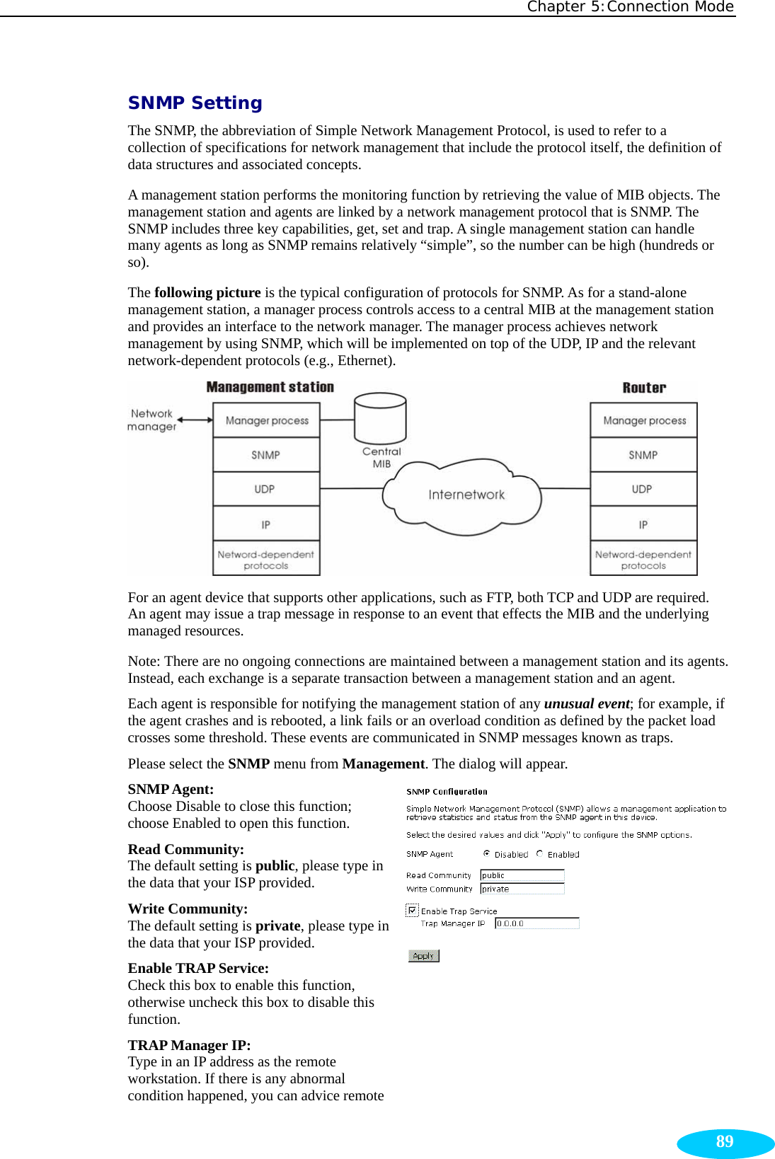 Chapter 5:Connection Mode  89SNMP Setting The SNMP, the abbreviation of Simple Network Management Protocol, is used to refer to a collection of specifications for network management that include the protocol itself, the definition of data structures and associated concepts. A management station performs the monitoring function by retrieving the value of MIB objects. The management station and agents are linked by a network management protocol that is SNMP. The SNMP includes three key capabilities, get, set and trap. A single management station can handle many agents as long as SNMP remains relatively “simple”, so the number can be high (hundreds or so). The following picture is the typical configuration of protocols for SNMP. As for a stand-alone management station, a manager process controls access to a central MIB at the management station and provides an interface to the network manager. The manager process achieves network management by using SNMP, which will be implemented on top of the UDP, IP and the relevant network-dependent protocols (e.g., Ethernet).  For an agent device that supports other applications, such as FTP, both TCP and UDP are required. An agent may issue a trap message in response to an event that effects the MIB and the underlying managed resources.   Note: There are no ongoing connections are maintained between a management station and its agents. Instead, each exchange is a separate transaction between a management station and an agent. Each agent is responsible for notifying the management station of any unusual event; for example, if the agent crashes and is rebooted, a link fails or an overload condition as defined by the packet load crosses some threshold. These events are communicated in SNMP messages known as traps. Please select the SNMP menu from Management. The dialog will appear. SNMP Agent:  Choose Disable to close this function; choose Enabled to open this function.   Read Community:     The default setting is public, please type in the data that your ISP provided.   Write Community:     The default setting is private, please type in the data that your ISP provided. Enable TRAP Service:   Check this box to enable this function, otherwise uncheck this box to disable this function.  TRAP Manager IP:  Type in an IP address as the remote workstation. If there is any abnormal condition happened, you can advice remote 