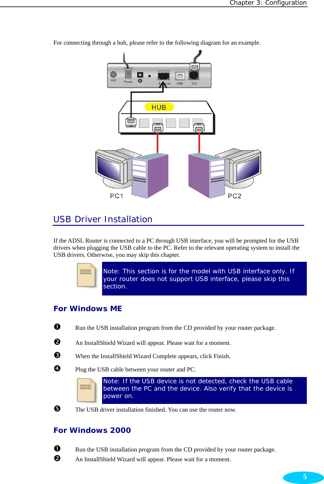 Chapter 3: Configuration  5For connecting through a hub, please refer to the following diagram for an example.  USB Driver Installation  If the ADSL Router is connected to a PC through USB interface, you will be prompted for the USB drivers when plugging the USB cable to the PC. Refer to the relevant operating system to install the USB drivers. Otherwise, you may skip this chapter.  Note: This section is for the model with USB interface only. If your router does not support USB interface, please skip this section. For Windows ME n Run the USB installation program from the CD provided by your router package. o  An InstallShield Wizard will appear. Please wait for a moment. p When the InstallShield Wizard Complete appears, click Finish. q  Plug the USB cable between your router and PC.  Note: If the USB device is not detected, check the USB cable between the PC and the device. Also verify that the device is power on. r  The USB driver installation finished. You can use the router now. For Windows 2000 n Run the USB installation program from the CD provided by your router package. o  An InstallShield Wizard will appear. Please wait for a moment. 