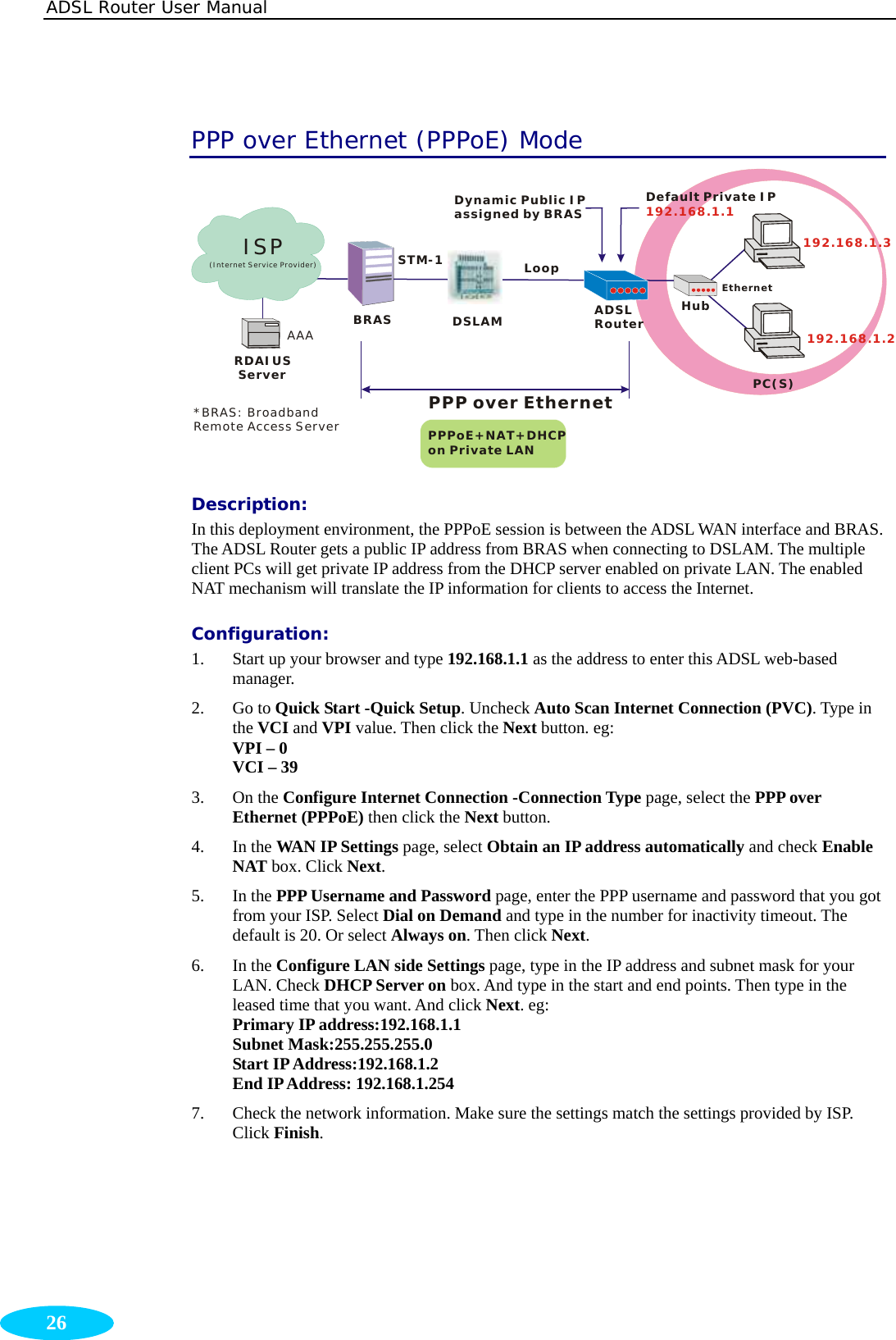 ADSL Router User Manual  26 PPP over Ethernet (PPPoE) Mode RDAIUS ServerAAABRASSTM-1DSLAMLoopDynamic Public IPassigned by BRASPPPoE+NAT+DHCPon Private LANHubADSLRouterEthernetPC(S)192.168.1.3192.168.1.2PPP over EthernetDefault Private IP192.168.1.1*BRAS: Broadband Remote Access ServerISP(Internet Service Provider) Description:  In this deployment environment, the PPPoE session is between the ADSL WAN interface and BRAS. The ADSL Router gets a public IP address from BRAS when connecting to DSLAM. The multiple client PCs will get private IP address from the DHCP server enabled on private LAN. The enabled NAT mechanism will translate the IP information for clients to access the Internet. Configuration: 1. Start up your browser and type 192.168.1.1 as the address to enter this ADSL web-based manager.  2. Go to Quick Start -Quick Setup. Uncheck Auto Scan Internet Connection (PVC). Type in the VCI and VPI value. Then click the Next button. eg: VPI – 0 VCI – 39 3. On the Configure Internet Connection -Connection Type page, select the PPP over Ethernet (PPPoE) then click the Next button.   4. In the WAN IP Settings page, select Obtain an IP address automatically and check Enable NAT box. Click Next. 5. In the PPP Username and Password page, enter the PPP username and password that you got from your ISP. Select Dial on Demand and type in the number for inactivity timeout. The default is 20. Or select Always on. Then click Next. 6. In the Configure LAN side Settings page, type in the IP address and subnet mask for your LAN. Check DHCP Server on box. And type in the start and end points. Then type in the leased time that you want. And click Next. eg: Primary IP address:192.168.1.1 Subnet Mask:255.255.255.0 Start IP Address:192.168.1.2 End IP Address: 192.168.1.254 7. Check the network information. Make sure the settings match the settings provided by ISP. Click Finish.    