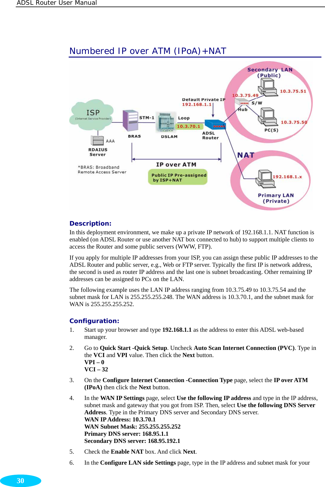 ADSL Router User Manual  30 Numbered IP over ATM (IPoA)+NAT  Description:  In this deployment environment, we make up a private IP network of 192.168.1.1. NAT function is enabled (on ADSL Router or use another NAT box connected to hub) to support multiple clients to access the Router and some public servers (WWW, FTP).   If you apply for multiple IP addresses from your ISP, you can assign these public IP addresses to the ADSL Router and public server, e.g., Web or FTP server. Typically the first IP is network address, the second is used as router IP address and the last one is subnet broadcasting. Other remaining IP addresses can be assigned to PCs on the LAN. The following example uses the LAN IP address ranging from 10.3.75.49 to 10.3.75.54 and the subnet mask for LAN is 255.255.255.248. The WAN address is 10.3.70.1, and the subnet mask for WAN is 255.255.255.252. Configuration: 1. Start up your browser and type 192.168.1.1 as the address to enter this ADSL web-based manager.  2. Go to Quick Start -Quick Setup. Uncheck Auto Scan Internet Connection (PVC). Type in the VCI and VPI value. Then click the Next button. VPI – 0 VCI – 32 3. On the Configure Internet Connection -Connection Type page, select the IP over ATM (IPoA) then click the Next button.   4. In the WAN IP Settings page, select Use the following IP address and type in the IP address, subnet mask and gateway that you got from ISP. Then, select Use the following DNS Server Address. Type in the Primary DNS server and Secondary DNS server.   WAN IP Address: 10.3.70.1 WAN Subnet Mask: 255.255.255.252 Primary DNS server: 168.95.1.1 Secondary DNS server: 168.95.192.1 5. Check the Enable NAT box. And click Next. 6. In the Configure LAN side Settings page, type in the IP address and subnet mask for your 