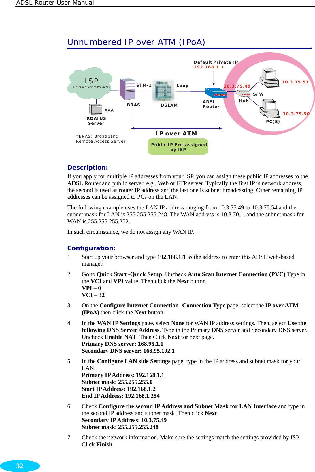 ADSL Router User Manual  32 Unnumbered IP over ATM (IPoA) RDAIUS ServerAAABRASSTM-1DSLAMLoopPublic IP Pre-assigned              by ISPHubADSLRouterPC(S)IP over ATMS/WDefault Private IP192.168.1.1 *BRAS: Broadband Remote Access ServerISP(Internet Service Provider)10.3.75.49 10.3.75.5110.3.75.50 Description:  If you apply for multiple IP addresses from your ISP, you can assign these public IP addresses to the ADSL Router and public server, e.g., Web or FTP server. Typically the first IP is network address, the second is used as router IP address and the last one is subnet broadcasting. Other remaining IP addresses can be assigned to PCs on the LAN. The following example uses the LAN IP address ranging from 10.3.75.49 to 10.3.75.54 and the subnet mask for LAN is 255.255.255.248. The WAN address is 10.3.70.1, and the subnet mask for WAN is 255.255.255.252. In such circumstance, we do not assign any WAN IP. Configuration: 1. Start up your browser and type 192.168.1.1 as the address to enter this ADSL web-based manager.  2. Go to Quick Start -Quick Setup. Uncheck Auto Scan Internet Connection (PVC).Type in the VCI and VPI value. Then click the Next button. VPI – 0 VCI – 32 3. On the Configure Internet Connection -Connection Type page, select the IP over ATM (IPoA) then click the Next button.   4. In the WAN IP Settings page, select None for WAN IP address settings. Then, select Use the following DNS Server Address. Type in the Primary DNS server and Secondary DNS server. Uncheck Enable NAT. Then Click Next for next page. Primary DNS server: 168.95.1.1 Secondary DNS server: 168.95.192.1 5. In the Configure LAN side Settings page, type in the IP address and subnet mask for your LAN.  Primary IP Address: 192.168.1.1 Subnet mask: 255.255.255.0 Start IP Address: 192.168.1.2 End IP Address: 192.168.1.254 6. Check Configure the second IP Address and Subnet Mask for LAN Interface and type in the second IP address and subnet mask. Then click Next. Secondary IP Address: 10.3.75.49 Subnet mask: 255.255.255.248 7. Check the network information. Make sure the settings match the settings provided by ISP. Click Finish. 