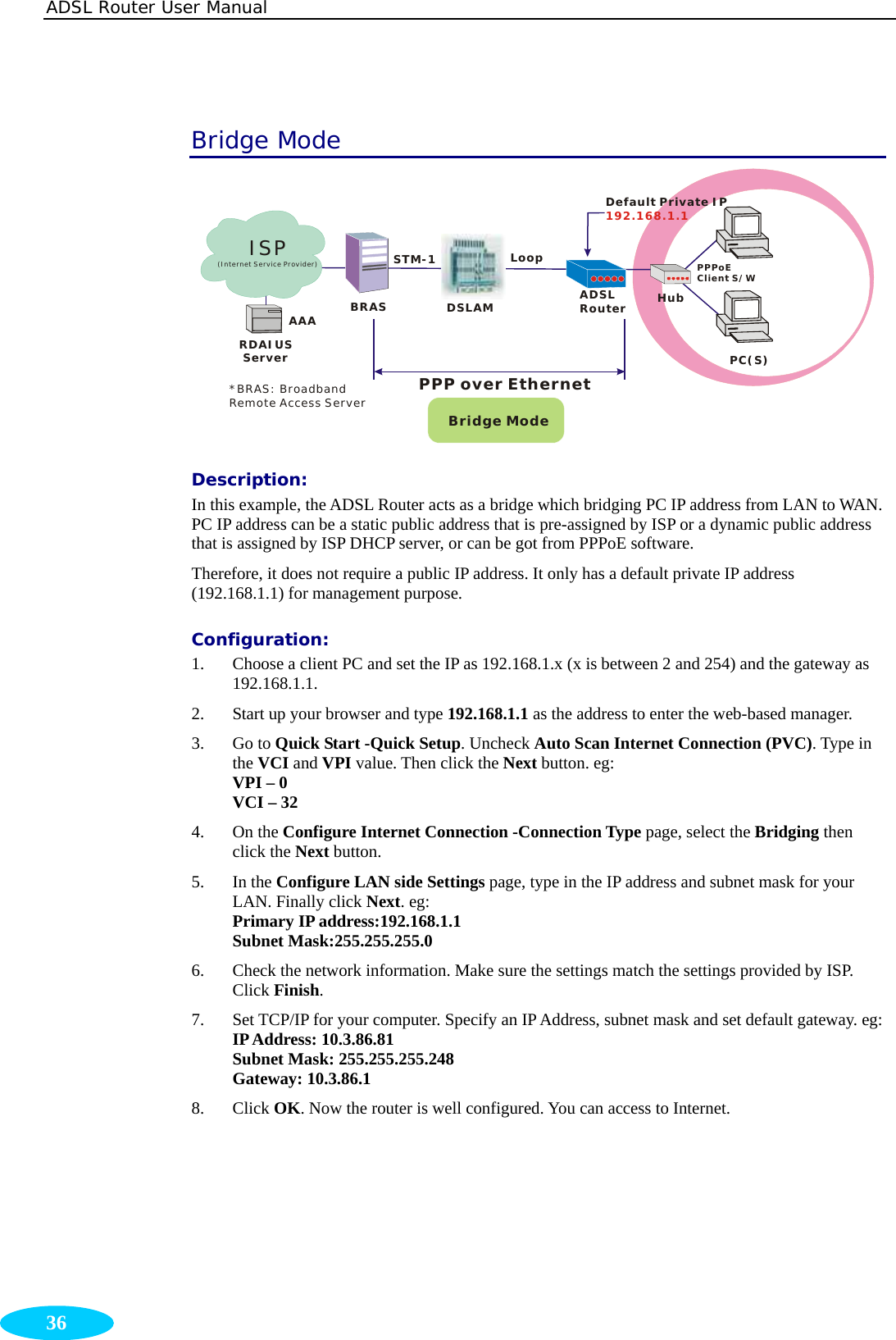 ADSL Router User Manual  36 Bridge Mode RDAIUS ServerAAA BRASSTM-1DSLAMLoopBridge ModeHubADSLRouterPPPoEClient S/WPC(S)PPP over EthernetDefault Private IP192.168.1.1*BRAS: Broadband Remote Access ServerISP(Internet Service Provider) Description:  In this example, the ADSL Router acts as a bridge which bridging PC IP address from LAN to WAN. PC IP address can be a static public address that is pre-assigned by ISP or a dynamic public address that is assigned by ISP DHCP server, or can be got from PPPoE software. Therefore, it does not require a public IP address. It only has a default private IP address (192.168.1.1) for management purpose.   Configuration: 1. Choose a client PC and set the IP as 192.168.1.x (x is between 2 and 254) and the gateway as 192.168.1.1.  2. Start up your browser and type 192.168.1.1 as the address to enter the web-based manager.   3. Go to Quick Start -Quick Setup. Uncheck Auto Scan Internet Connection (PVC). Type in the VCI and VPI value. Then click the Next button. eg: VPI – 0 VCI – 32 4. On the Configure Internet Connection -Connection Type page, select the Bridging then click the Next button.   5. In the Configure LAN side Settings page, type in the IP address and subnet mask for your LAN. Finally click Next. eg: Primary IP address:192.168.1.1 Subnet Mask:255.255.255.0 6. Check the network information. Make sure the settings match the settings provided by ISP. Click Finish. 7. Set TCP/IP for your computer. Specify an IP Address, subnet mask and set default gateway. eg: IP Address: 10.3.86.81 Subnet Mask: 255.255.255.248 Gateway: 10.3.86.1 8. Click OK. Now the router is well configured. You can access to Internet.   