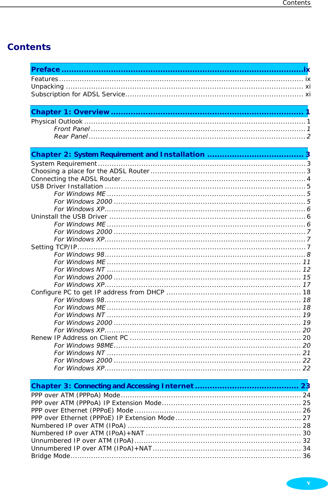 Contents  v Contents Preface ..................................................................................................ix Features........................................................................................................... ix Unpacking ........................................................................................................ xi Subscription for ADSL Service.............................................................................. xi Chapter 1: Overview.............................................................................. 1 Physical Outlook .................................................................................................1 Front Panel ..............................................................................................1 Rear Panel...............................................................................................2 Chapter 2: System Requirement and Installation ....................................... 3 System Requirement...........................................................................................3 Choosing a place for the ADSL Router....................................................................3 Connecting the ADSL Router.................................................................................4 USB Driver Installation ........................................................................................5 For Windows ME .......................................................................................5 For Windows 2000 ....................................................................................5 For Windows XP........................................................................................6 Uninstall the USB Driver ......................................................................................6 For Windows ME .......................................................................................6 For Windows 2000 ....................................................................................7 For Windows XP........................................................................................7 Setting TCP/IP....................................................................................................7 For Windows 98........................................................................................8 For Windows ME ..................................................................................... 11 For Windows NT ..................................................................................... 12 For Windows 2000 .................................................................................. 15 For Windows XP...................................................................................... 17 Configure PC to get IP address from DHCP ........................................................... 18 For Windows 98...................................................................................... 18 For Windows ME ..................................................................................... 18 For Windows NT ..................................................................................... 19 For Windows 2000 .................................................................................. 19 For Windows XP...................................................................................... 20 Renew IP Address on Client PC ........................................................................... 20 For Windows 98ME.................................................................................. 20 For Windows NT ..................................................................................... 21 For Windows 2000 .................................................................................. 22 For Windows XP...................................................................................... 22 Chapter 3: Connecting and Accessing Internet.......................................... 23 PPP over ATM (PPPoA) Mode............................................................................... 24 PPP over ATM (PPPoA) IP Extension Mode............................................................. 25 PPP over Ethernet (PPPoE) Mode......................................................................... 26 PPP over Ethernet (PPPoE) IP Extension Mode....................................................... 27 Numbered IP over ATM (IPoA) ............................................................................ 28 Numbered IP over ATM (IPoA)+NAT .................................................................... 30 Unnumbered IP over ATM (IPoA)......................................................................... 32 Unnumbered IP over ATM (IPoA)+NAT................................................................. 34 Bridge Mode..................................................................................................... 36 