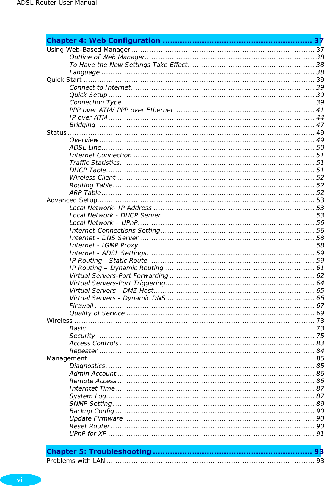 ADSL Router User Manual  vi Chapter 4: Web Configuration ............................................................. 37 Using Web-Based Manager................................................................................. 37 Outline of Web Manager........................................................................... 38 To Have the New Settings Take Effect........................................................ 38 Language .............................................................................................. 38 Quick Start ...................................................................................................... 39 Connect to Internet................................................................................. 39 Quick Setup........................................................................................... 39 Connection Type..................................................................................... 39 PPP over ATM/ PPP over Ethernet.............................................................. 41 IP over ATM........................................................................................... 44 Bridging ................................................................................................ 47 Status............................................................................................................. 49 Overview............................................................................................... 49 ADSL Line.............................................................................................. 50 Internet Connection ................................................................................ 51 Traffic Statistics...................................................................................... 51 DHCP Table............................................................................................ 51 Wireless Client ....................................................................................... 52 Routing Table......................................................................................... 52 ARP Table.............................................................................................. 52 Advanced Setup................................................................................................ 53 Local Network- IP Address ....................................................................... 53 Local Network - DHCP Server ................................................................... 53 Local Network – UPnP.............................................................................. 56 Internet-Connections Setting.................................................................... 56 Internet - DNS Server ............................................................................. 58 Internet - IGMP Proxy ............................................................................. 58 Internet - ADSL Settings.......................................................................... 59 IP Routing - Static Route ......................................................................... 59 IP Routing – Dynamic Routing .................................................................. 61 Virtual Servers-Port Forwarding ................................................................ 62 Virtual Servers-Port Triggering.................................................................. 64 Virtual Servers - DMZ Host....................................................................... 65 Virtual Servers - Dynamic DNS ................................................................. 66 Firewall ................................................................................................. 67 Quality of Service ................................................................................... 69 Wireless .......................................................................................................... 73 Basic..................................................................................................... 73 Security ................................................................................................ 75 Access Controls ...................................................................................... 83 Repeater ............................................................................................... 84 Management.................................................................................................... 85 Diagnostics............................................................................................ 85 Admin Account ....................................................................................... 86 Remote Access....................................................................................... 86 Interntet Time........................................................................................ 87 System Log............................................................................................ 87 SNMP Setting......................................................................................... 89 Backup Config........................................................................................ 90 Update Firmware .................................................................................... 90 Reset Router.......................................................................................... 90 UPnP for XP ........................................................................................... 91 Chapter 5: Troubleshooting ................................................................. 93 Problems with LAN............................................................................................ 93 