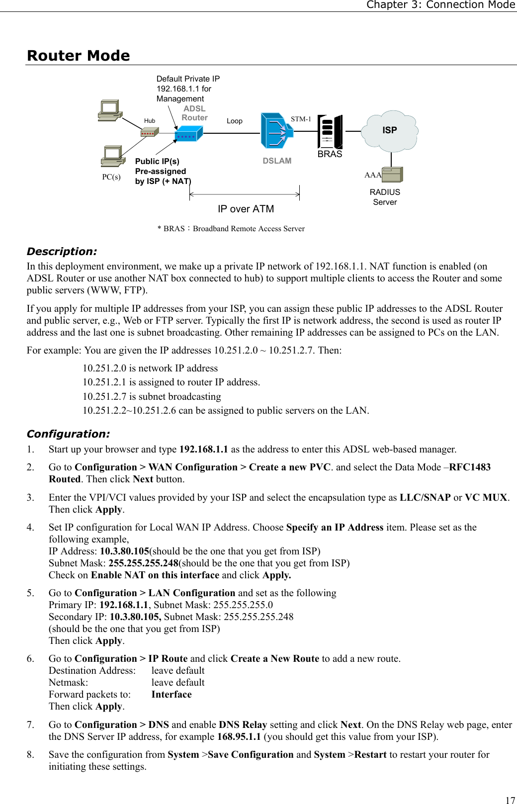 Chapter 3: Connection Mode17Router Mode     * BRAS：Broadband Remote Access ServerRADIUSServerIP over ATMPublic IP(s)Pre-assignedby ISP (+ NAT)PC(s)BRASSTM-1DSLAMADSLRouter Loop   ISPDefault Private IP192.168.1.1 forManagementAAAHubDescription:In this deployment environment, we make up a private IP network of 192.168.1.1. NAT function is enabled (onADSL Router or use another NAT box connected to hub) to support multiple clients to access the Router and somepublic servers (WWW, FTP).If you apply for multiple IP addresses from your ISP, you can assign these public IP addresses to the ADSL Routerand public server, e.g., Web or FTP server. Typically the first IP is network address, the second is used as router IPaddress and the last one is subnet broadcasting. Other remaining IP addresses can be assigned to PCs on the LAN.For example: You are given the IP addresses 10.251.2.0 ~ 10.251.2.7. Then:10.251.2.0 is network IP address10.251.2.1 is assigned to router IP address.10.251.2.7 is subnet broadcasting10.251.2.2~10.251.2.6 can be assigned to public servers on the LAN.Configuration:1. Start up your browser and type 192.168.1.1 as the address to enter this ADSL web-based manager.2. Go to Configuration &gt; WAN Configuration &gt; Create a new PVC. and select the Data Mode –RFC1483Routed. Then click Next button.3. Enter the VPI/VCI values provided by your ISP and select the encapsulation type as LLC/SNAP or VC MUX.Then click Apply.4. Set IP configuration for Local WAN IP Address. Choose Specify an IP Address item. Please set as thefollowing example,IP Address: 10.3.80.105(should be the one that you get from ISP)Subnet Mask: 255.255.255.248(should be the one that you get from ISP)Check on Enable NAT on this interface and click Apply.5. Go to Configuration &gt; LAN Configuration and set as the followingPrimary IP: 192.168.1.1, Subnet Mask: 255.255.255.0Secondary IP: 10.3.80.105, Subnet Mask: 255.255.255.248(should be the one that you get from ISP)Then click Apply.6. Go to Configuration &gt; IP Route and click Create a New Route to add a new route.Destination Address:  leave defaultNetmask: leave defaultForward packets to: InterfaceThen click Apply.7. Go to Configuration &gt; DNS and enable DNS Relay setting and click Next. On the DNS Relay web page, enterthe DNS Server IP address, for example 168.95.1.1 (you should get this value from your ISP).8. Save the configuration from System &gt;Save Configuration and System &gt;Restart to restart your router forinitiating these settings.