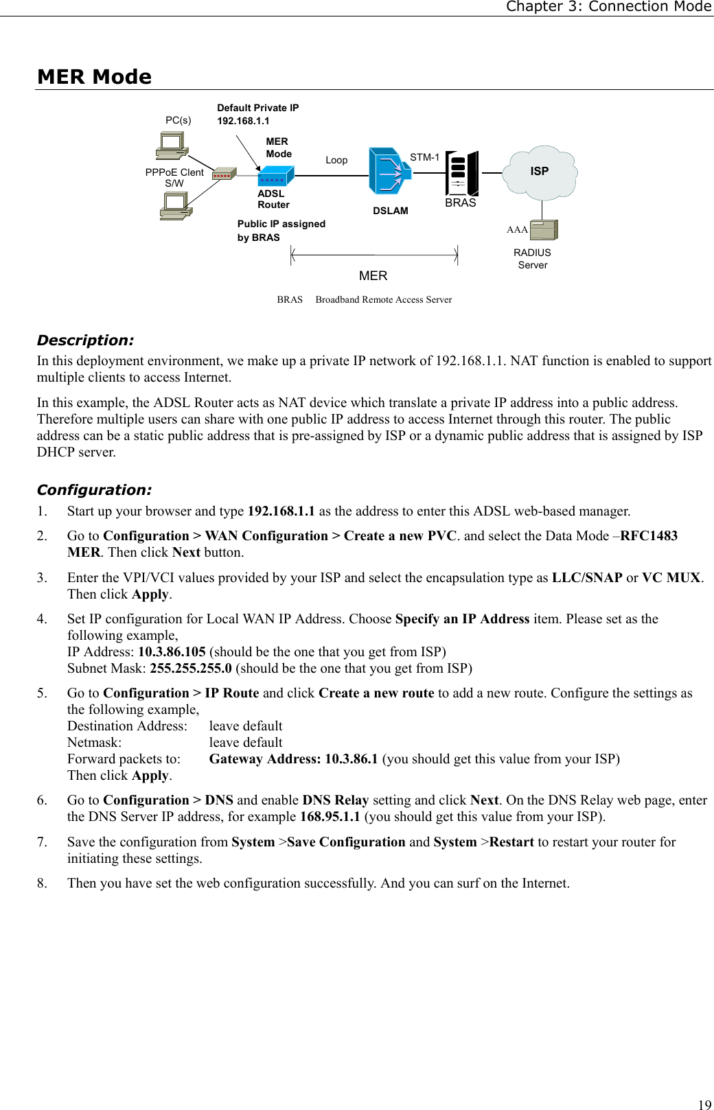 Chapter 3: Connection Mode19MER ModeBRAS Broadband Remote Access ServerPPPoE ClentS/WRADIUSServerMERMERModePC(s)BRASSTM-1DSLAMADSLRouterLoopISPAAADefault Private IP192.168.1.1Public IP assignedby BRASDescription:In this deployment environment, we make up a private IP network of 192.168.1.1. NAT function is enabled to supportmultiple clients to access Internet.In this example, the ADSL Router acts as NAT device which translate a private IP address into a public address.Therefore multiple users can share with one public IP address to access Internet through this router. The publicaddress can be a static public address that is pre-assigned by ISP or a dynamic public address that is assigned by ISPDHCP server.Configuration:1. Start up your browser and type 192.168.1.1 as the address to enter this ADSL web-based manager.2. Go to Configuration &gt; WAN Configuration &gt; Create a new PVC. and select the Data Mode –RFC1483MER. Then click Next button.3. Enter the VPI/VCI values provided by your ISP and select the encapsulation type as LLC/SNAP or VC MUX.Then click Apply.4. Set IP configuration for Local WAN IP Address. Choose Specify an IP Address item. Please set as thefollowing example,IP Address: 10.3.86.105 (should be the one that you get from ISP)Subnet Mask: 255.255.255.0 (should be the one that you get from ISP)5. Go to Configuration &gt; IP Route and click Create a new route to add a new route. Configure the settings asthe following example,Destination Address:  leave defaultNetmask: leave defaultForward packets to:  Gateway Address: 10.3.86.1 (you should get this value from your ISP)Then click Apply.6. Go to Configuration &gt; DNS and enable DNS Relay setting and click Next. On the DNS Relay web page, enterthe DNS Server IP address, for example 168.95.1.1 (you should get this value from your ISP).7. Save the configuration from System &gt;Save Configuration and System &gt;Restart to restart your router forinitiating these settings.8. Then you have set the web configuration successfully. And you can surf on the Internet.