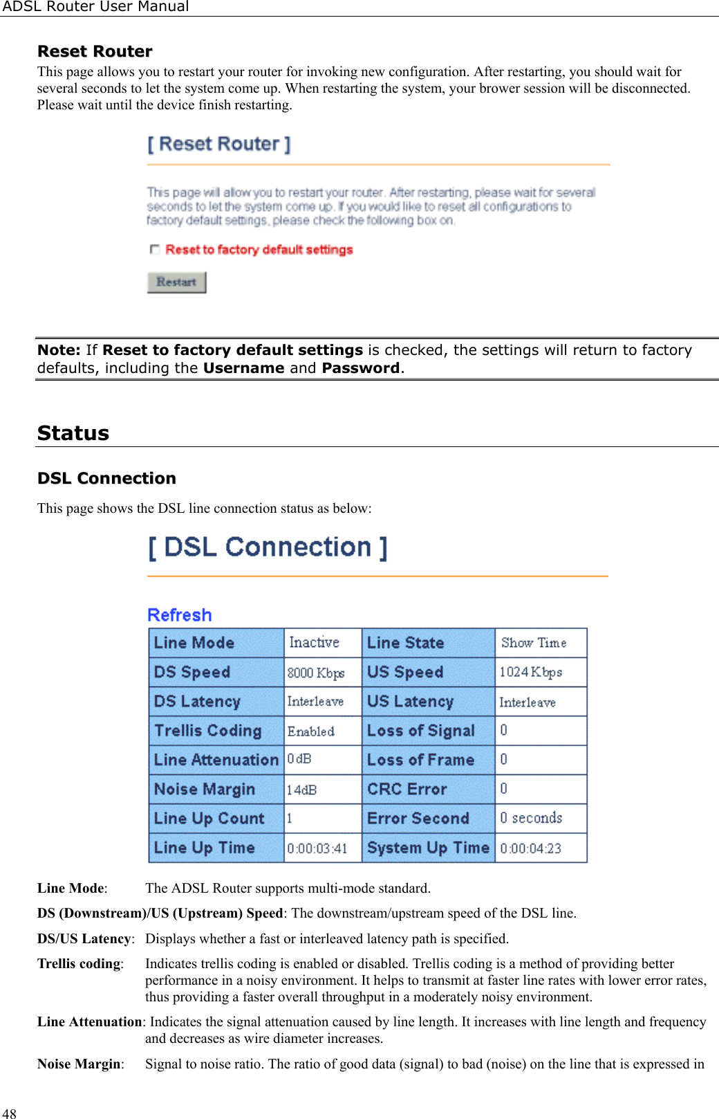 ADSL Router User Manual48RReesseett  RRoouutteerrThis page allows you to restart your router for invoking new configuration. After restarting, you should wait forseveral seconds to let the system come up. When restarting the system, your brower session will be disconnected.Please wait until the device finish restarting.Note: If Reset to factory default settings is checked, the settings will return to factorydefaults, including the Username and Password.StatusDDSSLL  CCoonnnneeccttiioonnThis page shows the DSL line connection status as below:Line Mode:  The ADSL Router supports multi-mode standard.DS (Downstream)/US (Upstream) Speed: The downstream/upstream speed of the DSL line.DS/US Latency:  Displays whether a fast or interleaved latency path is specified.Trellis coding:  Indicates trellis coding is enabled or disabled. Trellis coding is a method of providing betterperformance in a noisy environment. It helps to transmit at faster line rates with lower error rates,thus providing a faster overall throughput in a moderately noisy environment.Line Attenuation: Indicates the signal attenuation caused by line length. It increases with line length and frequencyand decreases as wire diameter increases.Noise Margin:  Signal to noise ratio. The ratio of good data (signal) to bad (noise) on the line that is expressed in