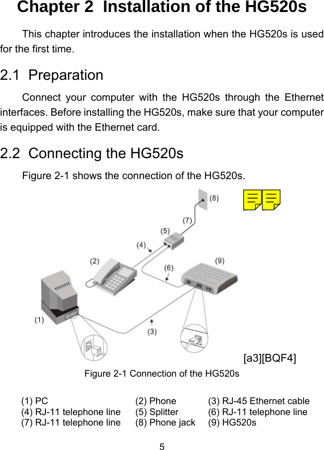  5 Chapter 2  Installation of the HG520s This chapter introduces the installation when the HG520s is used for the first time. 2.1  Preparation Connect your computer with the HG520s through the Ethernet interfaces. Before installing the HG520s, make sure that your computer is equipped with the Ethernet card. 2.2  Connecting the HG520s Figure 2-1 shows the connection of the HG520s. [a3][BQF4]Figure 2-1 Connection of the HG520s (1) PC  (2) Phone  (3) RJ-45 Ethernet cable (4) RJ-11 telephone line (5) Splitter  (6) RJ-11 telephone line (7) RJ-11 telephone line (8) Phone jack  (9) HG520s 