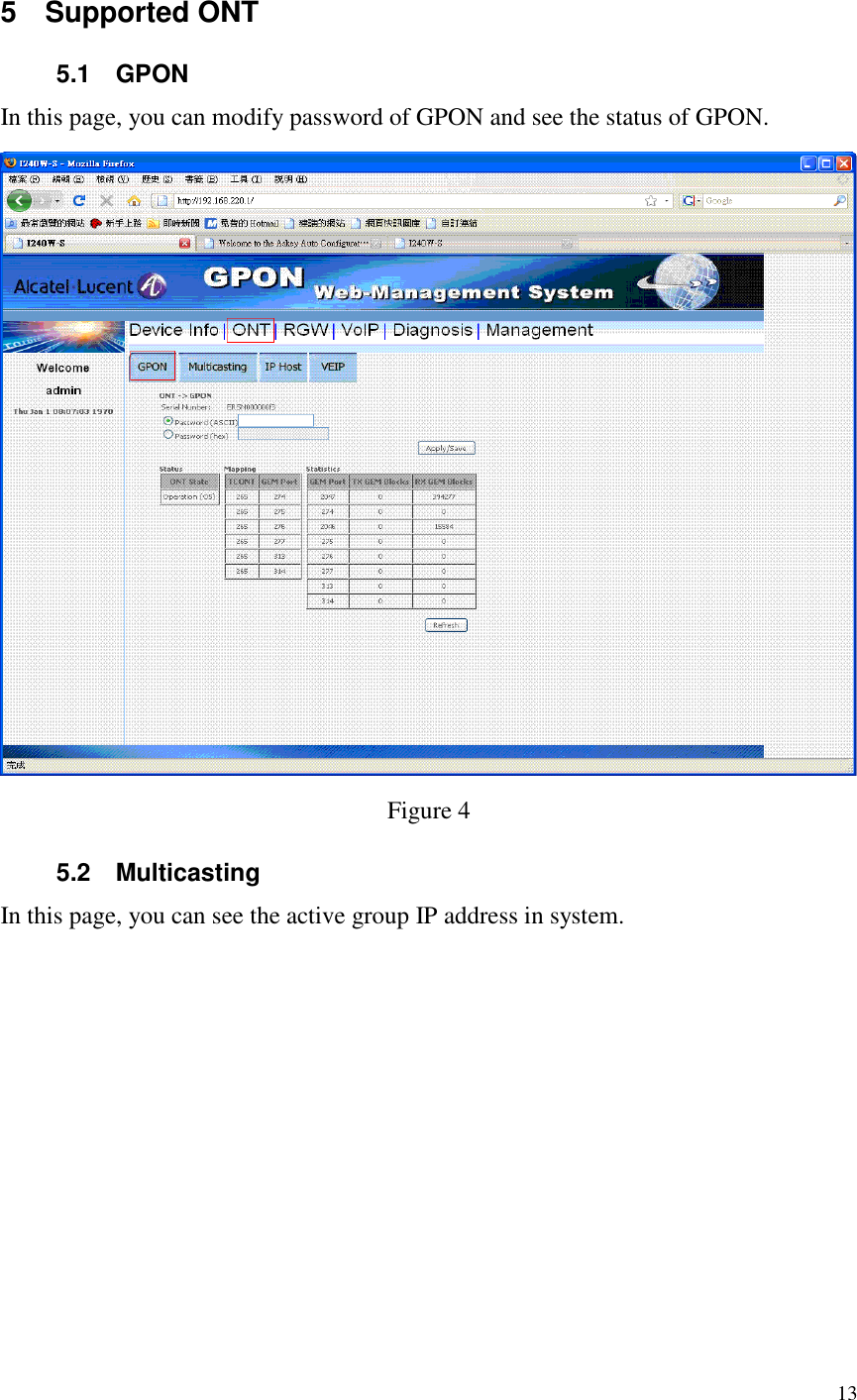  13  5  Supported ONT 5.1  GPON In this page, you can modify password of GPON and see the status of GPON.  Figure 4 5.2  Multicasting In this page, you can see the active group IP address in system. 