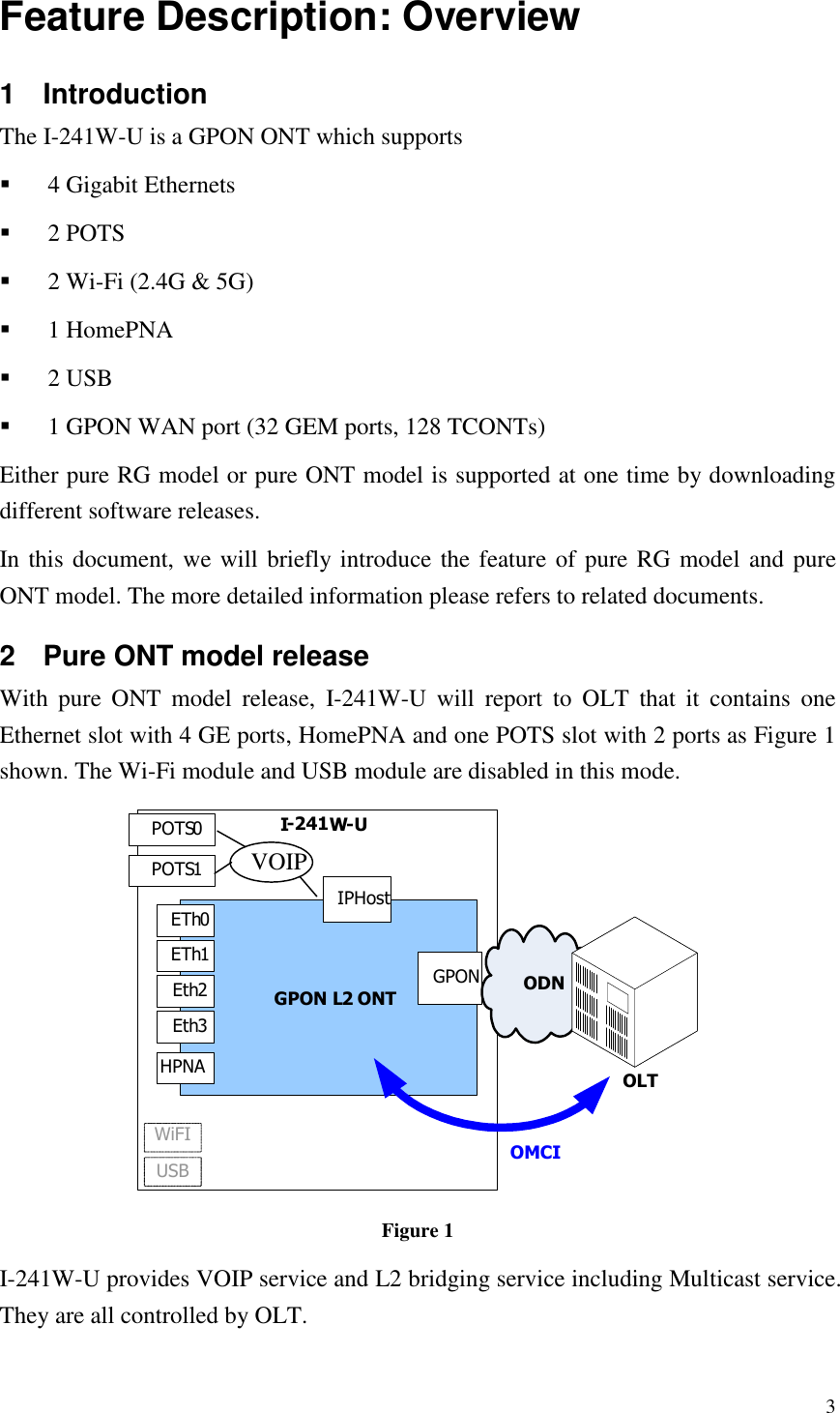  3 Feature Description: Overview 1  Introduction The I-241W-U is a GPON ONT which supports    4 Gigabit Ethernets  2 POTS  2 Wi-Fi (2.4G &amp; 5G)  1 HomePNA  2 USB  1 GPON WAN port (32 GEM ports, 128 TCONTs) Either pure RG model or pure ONT model is supported at one time by downloading different software releases. In this document, we will briefly introduce the feature of pure RG model and pure ONT model. The more detailed information please refers to related documents. 2  Pure ONT model release With  pure  ONT  model  release,  I-241W-U  will  report  to  OLT  that  it  contains  one Ethernet slot with 4 GE ports, HomePNA and one POTS slot with 2 ports as Figure 1 shown. The Wi-Fi module and USB module are disabled in this mode. I-241W-UGPON L2 ONTGPON ODNOLTOMCIIPHostVOIPPOTS0POTS1WiFIUSBETh0ETh1Eth2Eth3HPNA Figure 1 I-241W-U provides VOIP service and L2 bridging service including Multicast service. They are all controlled by OLT. 