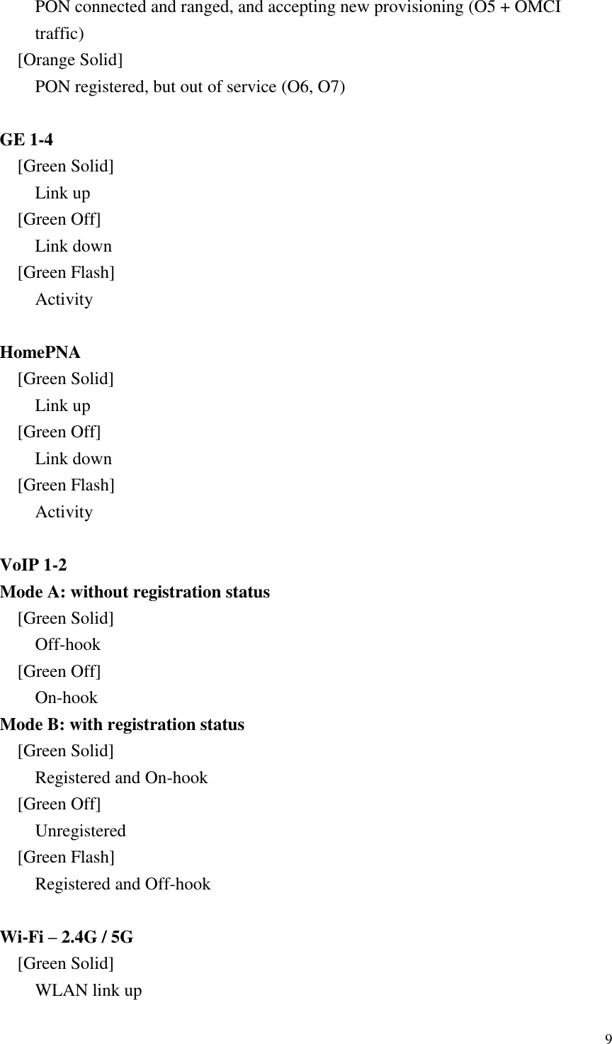  9 PON connected and ranged, and accepting new provisioning (O5 + OMCI traffic) [Orange Solid] PON registered, but out of service (O6, O7)  GE 1-4 [Green Solid] Link up [Green Off] Link down [Green Flash] Activity  HomePNA [Green Solid] Link up [Green Off] Link down [Green Flash] Activity  VoIP 1-2 Mode A: without registration status [Green Solid] Off-hook [Green Off] On-hook Mode B: with registration status [Green Solid] Registered and On-hook [Green Off] Unregistered [Green Flash] Registered and Off-hook  Wi-Fi – 2.4G / 5G [Green Solid] WLAN link up 