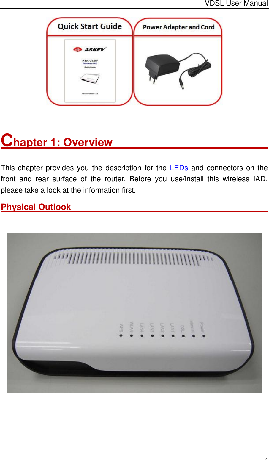 VDSL User Manual                                                                                 4    Chapter 1: Overview                                                     This chapter provides you  the description for the  LEDs and connectors on the front  and  rear  surface  of  the  router.  Before  you  use/install  this  wireless  IAD, please take a look at the information first. Physical Outlook                                                                                                  