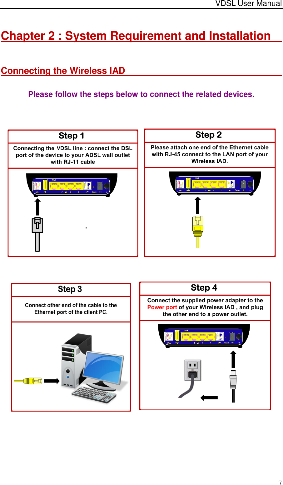 VDSL User Manual                                                                                 7 Chapter 2 : System Requirement and Installation   Connecting the Wireless IAD                                                                     Please follow the steps below to connect the related devices.         