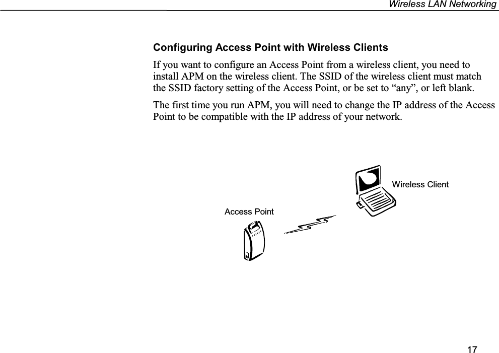 Wireless LAN Networking17Configuring Access Point with Wireless ClientsIf you want to configure an Access Point from a wireless client, you need toinstall APM on the wireless client. The SSID of the wireless client must matchthe SSID factory setting of the Access Point, or be set to “any”, or left blank.The first time you run APM, you will need to change the IP address of the AccessPoint to be compatible with the IP address of your network.Wireless ClientAccess Point