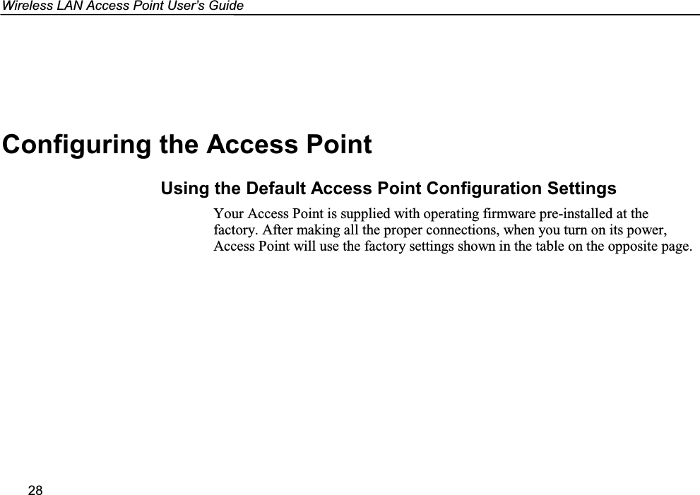 Wireless LAN Access Point User’s Guide28Configuring the Access PointUsing the Default Access Point Configuration SettingsYour Access Point is supplied with operating firmware pre-installed at thefactory. After making all the proper connections, when you turn on its power,Access Point will use the factory settings shown in the table on the opposite page.