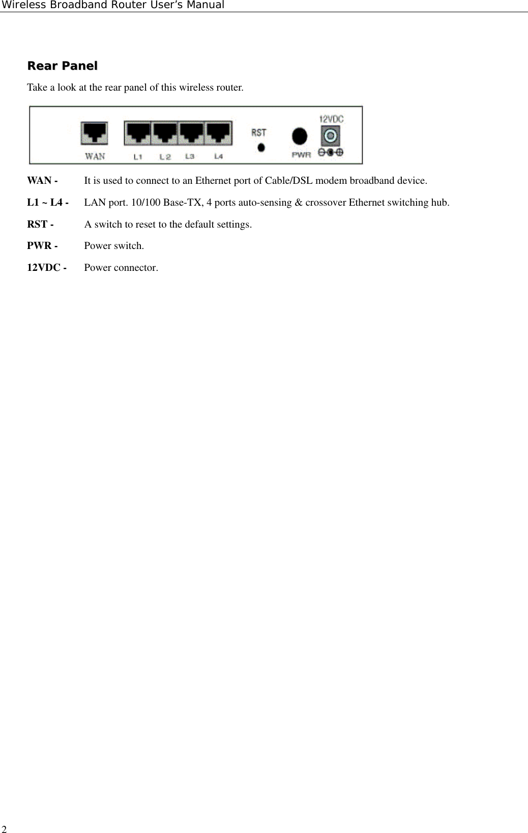 Wireless Broadband Router User’s Manual2RReeaarr  PPaanneellTake a look at the rear panel of this wireless router.WAN -  It is used to connect to an Ethernet port of Cable/DSL modem broadband device.L1 ~ L4 - LAN port. 10/100 Base-TX, 4 ports auto-sensing &amp; crossover Ethernet switching hub.RST -  A switch to reset to the default settings.PWR - Power switch.12VDC - Power connector.