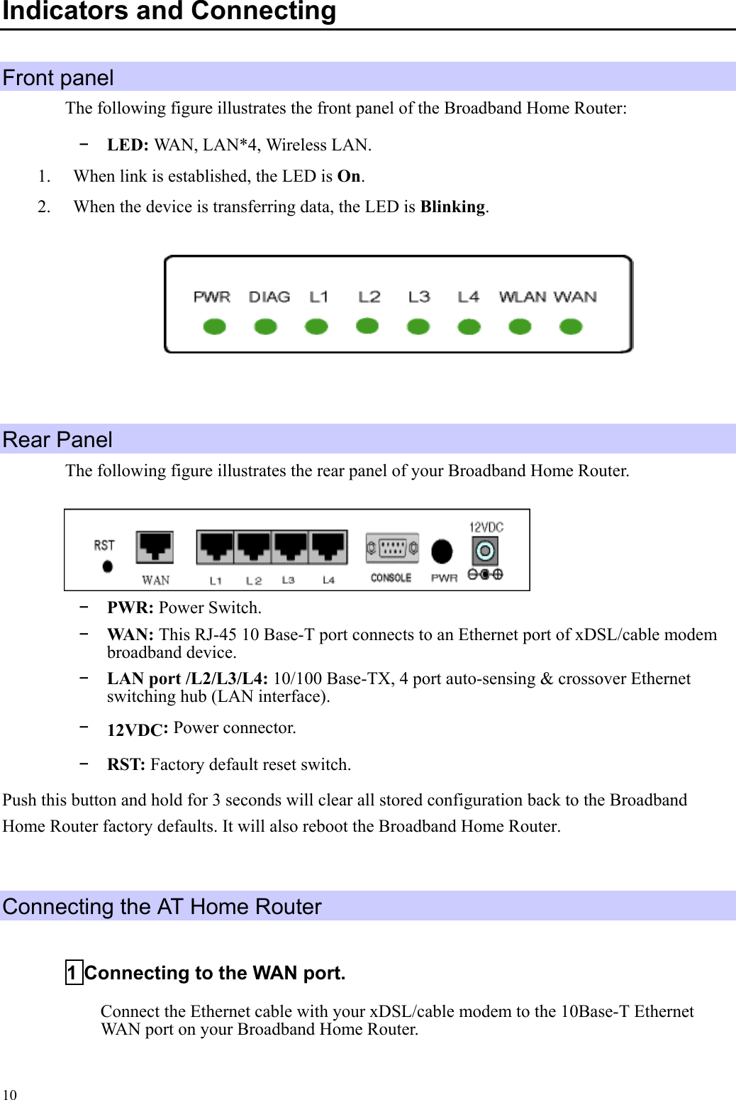   10Indicators and Connecting Front panel The following figure illustrates the front panel of the Broadband Home Router: -  LED: WAN, LAN*4, Wireless LAN.   1.  When link is established, the LED is On. 2.  When the device is transferring data, the LED is Blinking.           Rear Panel The following figure illustrates the rear panel of your Broadband Home Router.  -  PWR: Power Switch. -  WAN: This RJ-45 10 Base-T port connects to an Ethernet port of xDSL/cable modem broadband device. -  LAN port /L2/L3/L4: 10/100 Base-TX, 4 port auto-sensing &amp; crossover Ethernet switching hub (LAN interface). -  12VDC: Power connector. -  RST: Factory default reset switch. Push this button and hold for 3 seconds will clear all stored configuration back to the Broadband Home Router factory defaults. It will also reboot the Broadband Home Router.  Connecting the AT Home Router 1 Connecting to the WAN port. Connect the Ethernet cable with your xDSL/cable modem to the 10Base-T Ethernet WAN port on your Broadband Home Router. 