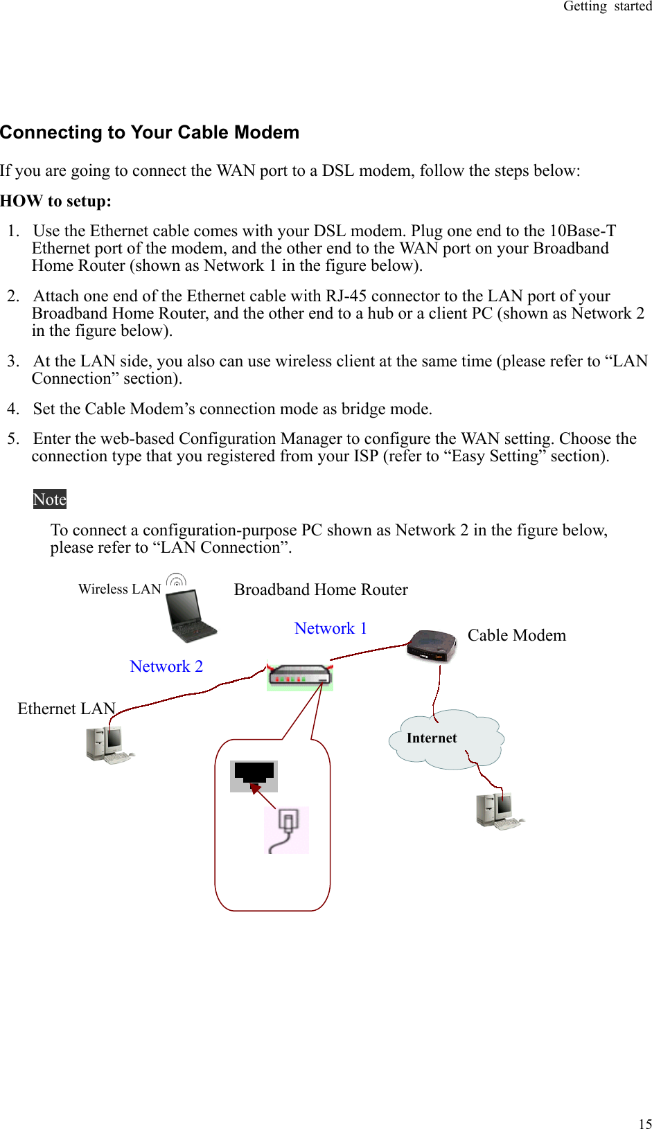 Getting started  15  Connecting to Your Cable Modem   If you are going to connect the WAN port to a DSL modem, follow the steps below: HOW to setup: 1.  Use the Ethernet cable comes with your DSL modem. Plug one end to the 10Base-T Ethernet port of the modem, and the other end to the WAN port on your Broadband Home Router (shown as Network 1 in the figure below). 2.  Attach one end of the Ethernet cable with RJ-45 connector to the LAN port of your Broadband Home Router, and the other end to a hub or a client PC (shown as Network 2 in the figure below). 3.  At the LAN side, you also can use wireless client at the same time (please refer to “LAN Connection” section). 4.  Set the Cable Modem’s connection mode as bridge mode. 5.  Enter the web-based Configuration Manager to configure the WAN setting. Choose the connection type that you registered from your ISP (refer to “Easy Setting” section). Note To connect a configuration-purpose PC shown as Network 2 in the figure below, please refer to “LAN Connection”.      Network 1 Internet  Cable Modem Broadband Home Router Wireless LAN Ethernet LAN Network 2 