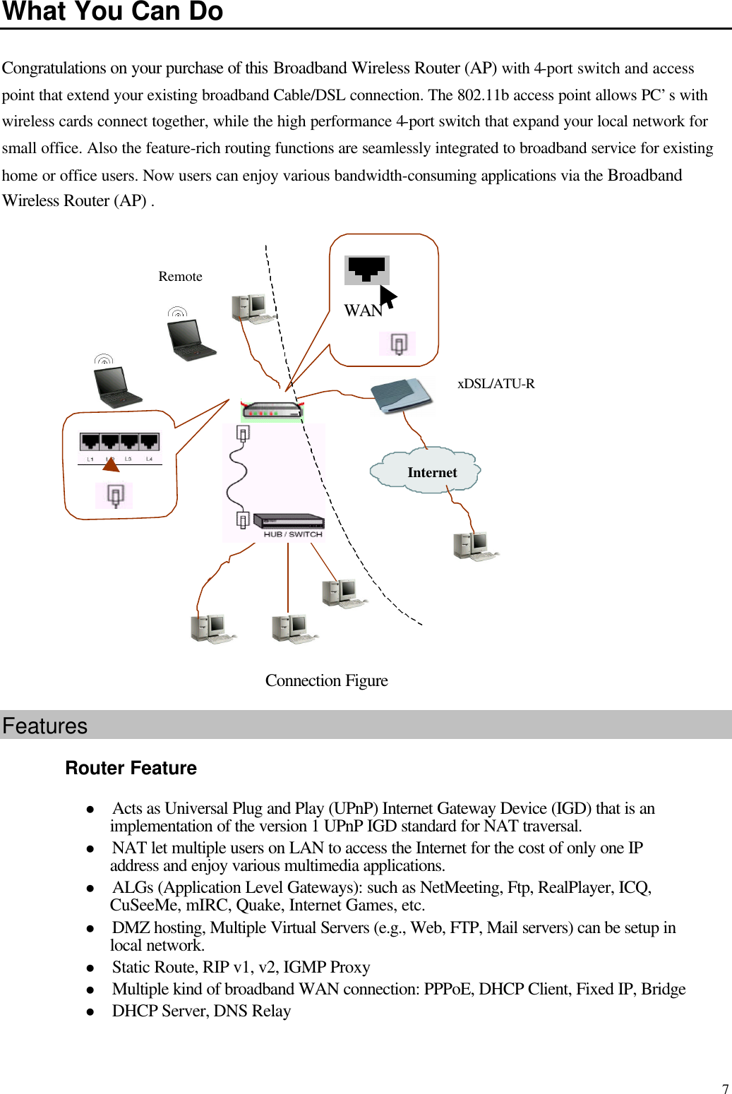   7 What You Can Do Congratulations on your purchase of this Broadband Wireless Router (AP) with 4-port switch and access point that extend your existing broadband Cable/DSL connection. The 802.11b access point allows PC’s with wireless cards connect together, while the high performance 4-port switch that expand your local network for small office. Also the feature-rich routing functions are seamlessly integrated to broadband service for existing home or office users. Now users can enjoy various bandwidth-consuming applications via the Broadband Wireless Router (AP) .   Features Router Feature l Acts as Universal Plug and Play (UPnP) Internet Gateway Device (IGD) that is an implementation of the version 1 UPnP IGD standard for NAT traversal.   l NAT let multiple users on LAN to access the Internet for the cost of only one IP address and enjoy various multimedia applications.   l ALGs (Application Level Gateways): such as NetMeeting, Ftp, RealPlayer, ICQ, CuSeeMe, mIRC, Quake, Internet Games, etc.   l DMZ hosting, Multiple Virtual Servers (e.g., Web, FTP, Mail servers) can be setup in local network.   l Static Route, RIP v1, v2, IGMP Proxy   l Multiple kind of broadband WAN connection: PPPoE, DHCP Client, Fixed IP, Bridge   l DHCP Server, DNS Relay   Connection Figure xDSL/ATU-R   Internet  WAN   Remote  