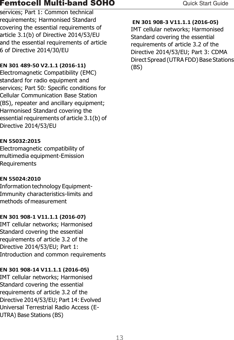 Femtocell Multi-band SOHO Quick Start Guide    services; Part 1: Common technical requirements; Harmonised Standard covering the essential requirements of article 3.1(b) of Directive 2014/53/EU and the essential requirements of article 6 of Directive 2014/30/EU  EN 301 489-50 V2.1.1 (2016-11) Electromagnetic Compatibility (EMC) standard for radio equipment and services; Part 50: Specific conditions for Cellular Communication Base Station (BS), repeater and ancillary equipment; Harmonised Standard covering the essential requirements of article 3.1(b) of Directive 2014/53/EU  EN 55032:2015 Electromagnetic compatibility of multimedia equipment-Emission Requirements  EN 55024:2010 Information technology Equipment- Immunity characteristics-limits and methods of measurement  EN 301 908-1 V11.1.1 (2016-07) IMT cellular networks; Harmonised Standard covering the essential requirements of article 3.2 of the Directive 2014/53/EU; Part 1: Introduction and common requirements  EN 301 908-14 V11.1.1 (2016-05) IMT cellular networks; Harmonised Standard covering the essential requirements of article 3.2 of the Directive 2014/53/EU; Part 14: Evolved Universal Terrestrial Radio Access (E- UTRA) Base Stations (BS)   EN 301 908-3 V11.1.1 (2016-05) IMT cellular networks; Harmonised Standard covering the essential requirements of article 3.2 of the Directive 2014/53/EU; Part 3: CDMA Direct Spread (UTRA FDD) Base Stations (BS)   