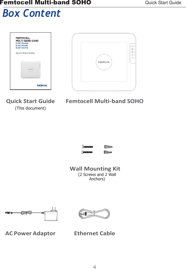 Femtocell Multi-band SOHO Quick Start Guide      Box Content    Quick Start Guide (This document) Femtocell Multi-band SOHO           Wall Mounting Kit (2 Screws and 2 Wall Anchors)         AC Power Adaptor  Ethernet Cable 