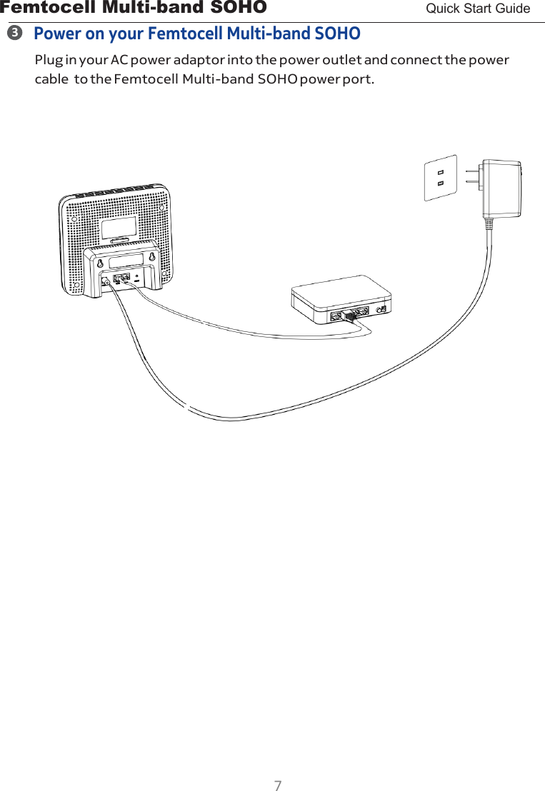 Femtocell Multi-band SOHO       Quick Start Guide  7  3     Power on your Femtocell Multi-band SOHO Plug in your AC power adaptor into the power outlet and connect the power cable to the Femtocell Multi-band SOHO power port.    