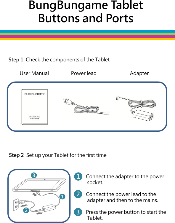 Step 1  Check the components of the Tablet   Step 2  Set up your Tablet for the first time     User Manual                  Power lead                           Adapter     BungBungame Tablet   Buttons and Ports   Connect the adapter to the power       socket.      Connect the power lead to the      adapter and then to the mains.     Press the power button to start the     Tablet.    1 2 3 3 1 2                                                