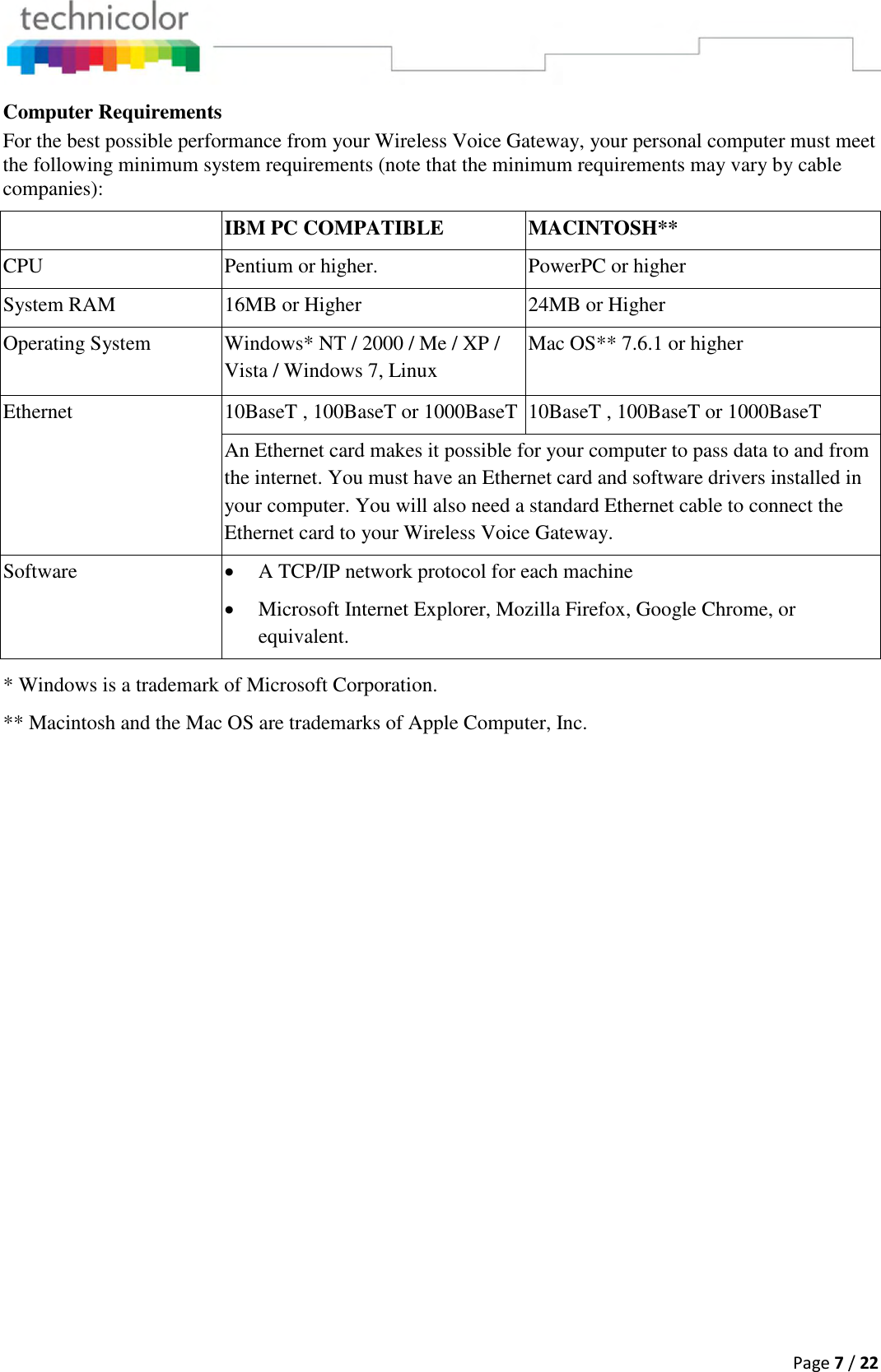  Page 7 / 22  Computer Requirements For the best possible performance from your Wireless Voice Gateway, your personal computer must meet the following minimum system requirements (note that the minimum requirements may vary by cable companies):  IBM PC COMPATIBLE MACINTOSH** CPU Pentium or higher. PowerPC or higher System RAM 16MB or Higher 24MB or Higher Operating System Windows* NT / 2000 / Me / XP / Vista / Windows 7, Linux Mac OS** 7.6.1 or higher Ethernet 10BaseT , 100BaseT or 1000BaseT 10BaseT , 100BaseT or 1000BaseT An Ethernet card makes it possible for your computer to pass data to and from the internet. You must have an Ethernet card and software drivers installed in your computer. You will also need a standard Ethernet cable to connect the Ethernet card to your Wireless Voice Gateway. Software  A TCP/IP network protocol for each machine  Microsoft Internet Explorer, Mozilla Firefox, Google Chrome, or equivalent. * Windows is a trademark of Microsoft Corporation. ** Macintosh and the Mac OS are trademarks of Apple Computer, Inc.       