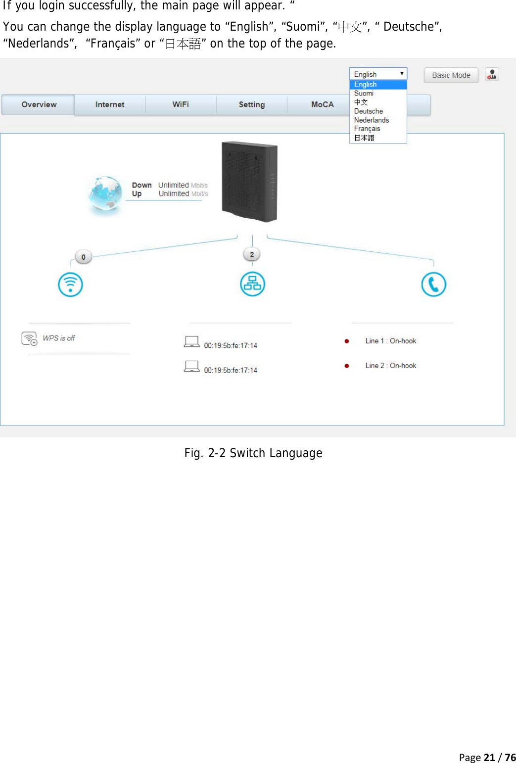 Page21/76If you login successfully, the main page will appear. “ You can change the display language to “English”, “Suomi”, “中文”, “ Deutsche”, “Nederlands”,  “Français” or “日本語” on the top of the page.  Fig. 2-2 Switch Language   