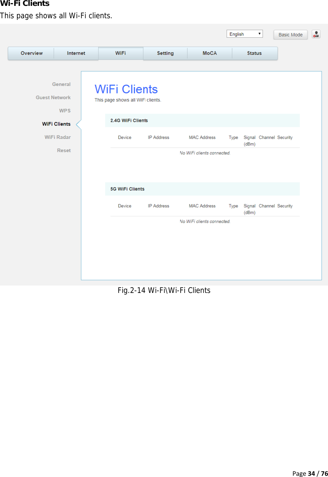 WTh Wi-Fi Clienhis page shts hows all Wi-Fi clients . Fig.2-14 Wi-Fi\Wi- Fi ClientsPage34//76 