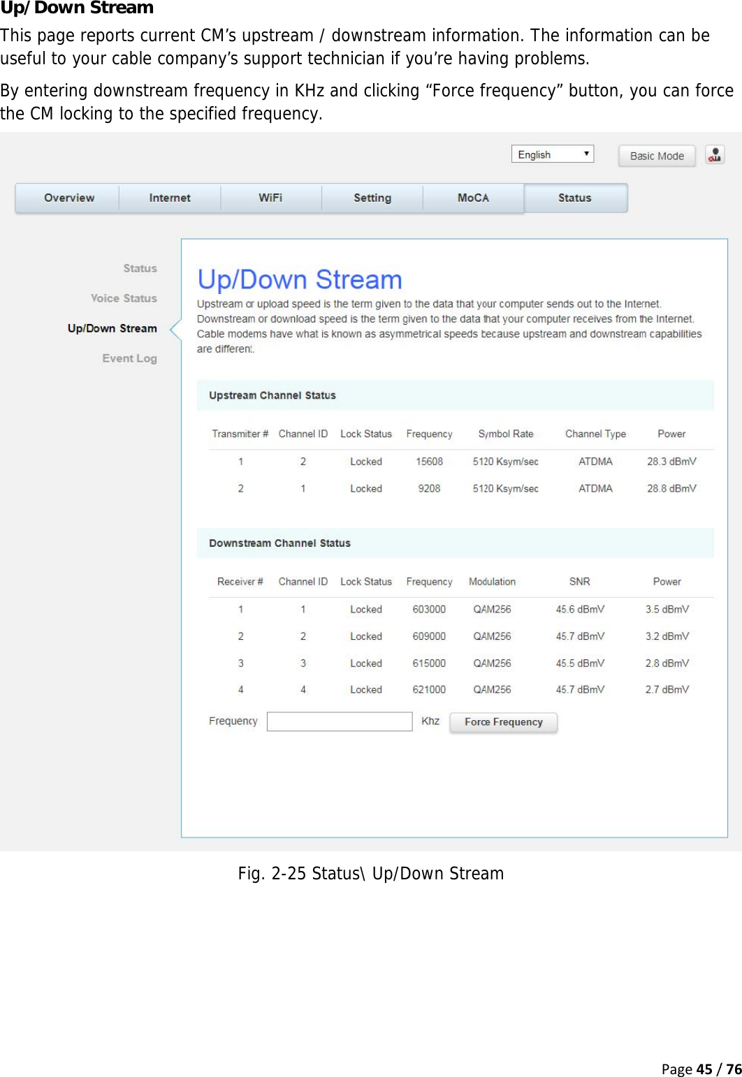 UpThusBythe p/Down Shis page reseful to youy entering de CM lockiStream eports curreur cable codownstreang to the sent CM’s uompany’s sm frequenspecified frFi pstream / support tecncy in KHz requency.g. 2-25 Stadownstreachnician if yand clickinatus\ Up/Dam informayou’re havng “Force fDown Streaation. The ving problefrequency” am informatioms. button, yoPage45/on can be ou can forc/76ce  
