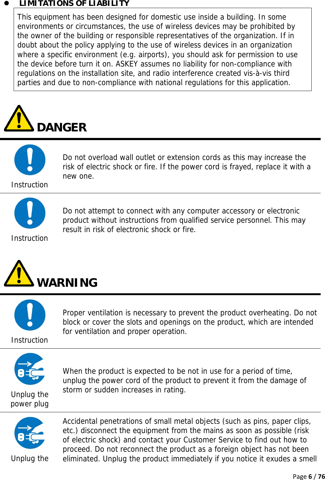 Page6/76z LIMITATIONS OF LIABILITY This equipment has been designed for domestic use inside a building. In some environments or circumstances, the use of wireless devices may be prohibited by the owner of the building or responsible representatives of the organization. If in doubt about the policy applying to the use of wireless devices in an organization where a specific environment (e.g. airports), you should ask for permission to use the device before turn it on. ASKEY assumes no liability for non-compliance with regulations on the installation site, and radio interference created vis-à-vis third parties and due to non-compliance with national regulations for this application.  DANGER  Instruction Do not overload wall outlet or extension cords as this may increase the risk of electric shock or fire. If the power cord is frayed, replace it with a new one.  Instruction Do not attempt to connect with any computer accessory or electronic product without instructions from qualified service personnel. This may result in risk of electronic shock or fire.    WARNING  Instruction Proper ventilation is necessary to prevent the product overheating. Do not block or cover the slots and openings on the product, which are intended for ventilation and proper operation.  Unplug the power plug When the product is expected to be not in use for a period of time, unplug the power cord of the product to prevent it from the damage of storm or sudden increases in rating.  Unplug the Accidental penetrations of small metal objects (such as pins, paper clips, etc.) disconnect the equipment from the mains as soon as possible (risk of electric shock) and contact your Customer Service to find out how to proceed. Do not reconnect the product as a foreign object has not been eliminated. Unplug the product immediately if you notice it exudes a smell 