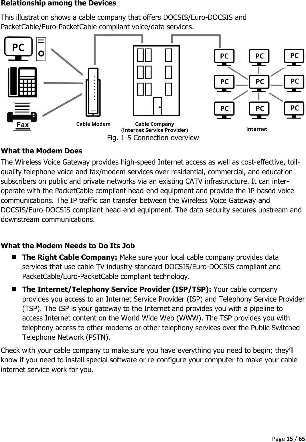   Relationship among the DevicesThis illustration shows a cable company that offers PacketCable/Euro-PacketCable compliant voice/data What the Modem Does The Wireless Voice Gateway provides highquality telephone voice and fax/modem services over residential, commercial, and education subscribers on public and private networks via an existing CATV infrasoperate with the PacketCable compliant headcommunications. The IP traffic can transfer between the Wireless Voice Gateway and DOCSIS/Euro-DOCSIS compliant headdownstream communications.  What the Modem Needs to Do Its Job The Right Cable Company:services that use cable TV industryPacketCable/Euro-PacketCable  The Internet/Telephony Service Provider (ISP/TSP):provides you access to an Internet Service Provider (ISP) and Telephony Service Provider (TSP). The ISP is your gateway to the Internetaccess Internet content on the World Wide Web (WWW). The TSP provides you with telephony access to other modems or other telephony services over the Public Switched Telephone Network (PSTN).Check with your cable company to make sure you have everything you need to begin; they’ll know if you need to install special software or reinternet service work for you.    Relationship among the Devices This illustration shows a cable company that offers DOCSIS/Euro-DOCSIS compliant voice/data services. Fig. 1-5 Connection overview The Wireless Voice Gateway provides high-speed Internet access as well as costquality telephone voice and fax/modem services over residential, commercial, and education subscribers on public and private networks via an existing CATV infrastructure. It can intercompliant head-end equipment and provide the IPcommunications. The IP traffic can transfer between the Wireless Voice Gateway and compliant head-end equipment. The data security secures upstream and What the Modem Needs to Do Its Job The Right Cable Company: Make sure your local cable company provides data TV industry-standard DOCSIS/Euro-DOCSIS PacketCable compliant technology. The Internet/Telephony Service Provider (ISP/TSP): Your cable company provides you access to an Internet Service Provider (ISP) and Telephony Service Provider (TSP). The ISP is your gateway to the Internet and provides you with a pipeline to access Internet content on the World Wide Web (WWW). The TSP provides you with telephony access to other modems or other telephony services over the Public Switched Telephone Network (PSTN). y to make sure you have everything you need to begin; they’ll know if you need to install special software or re-configure your computer to make your cable Page 15 / 65 DOCSIS and  speed Internet access as well as cost-effective, toll-quality telephone voice and fax/modem services over residential, commercial, and education tructure. It can inter-end equipment and provide the IP-based voice communications. The IP traffic can transfer between the Wireless Voice Gateway and urity secures upstream and Make sure your local cable company provides data DOCSIS compliant and Your cable company provides you access to an Internet Service Provider (ISP) and Telephony Service Provider and provides you with a pipeline to access Internet content on the World Wide Web (WWW). The TSP provides you with telephony access to other modems or other telephony services over the Public Switched y to make sure you have everything you need to begin; they’ll configure your computer to make your cable 