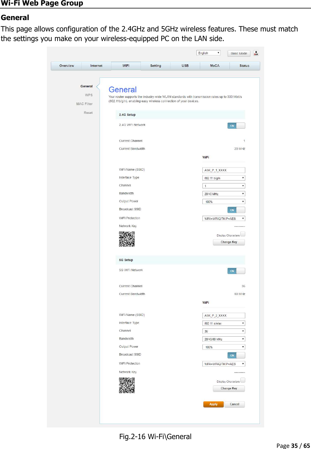  Page 35 / 65  Wi-Fi Web Page Group General This page allows configuration of the 2.4GHz and 5GHz wireless features. These must match the settings you make on your wireless-equipped PC on the LAN side.  Fig.2-16 Wi-Fi\General   