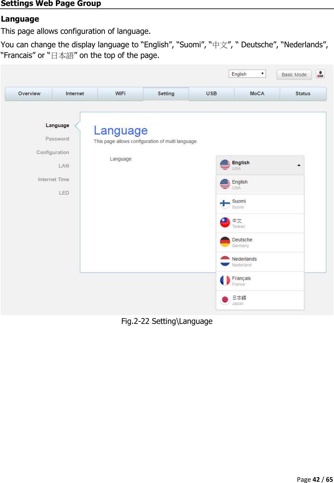  Page 42 / 65  Settings Web Page Group Language This page allows configuration of language. You can change the display language to “English”, “Suomi”, “中文”, “ Deutsche”, “Nederlands”,  “Francais” or “日本語” on the top of the page. Fig.2-22 Setting\Language      