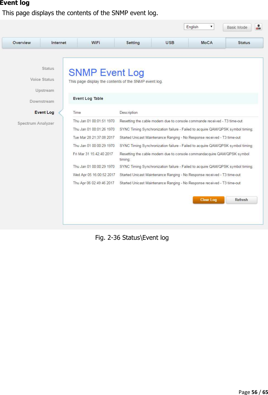  Page 56 / 65  Event log This page displays the contents of the SNMP event log.  Fig. 2-36 Status\Event log    