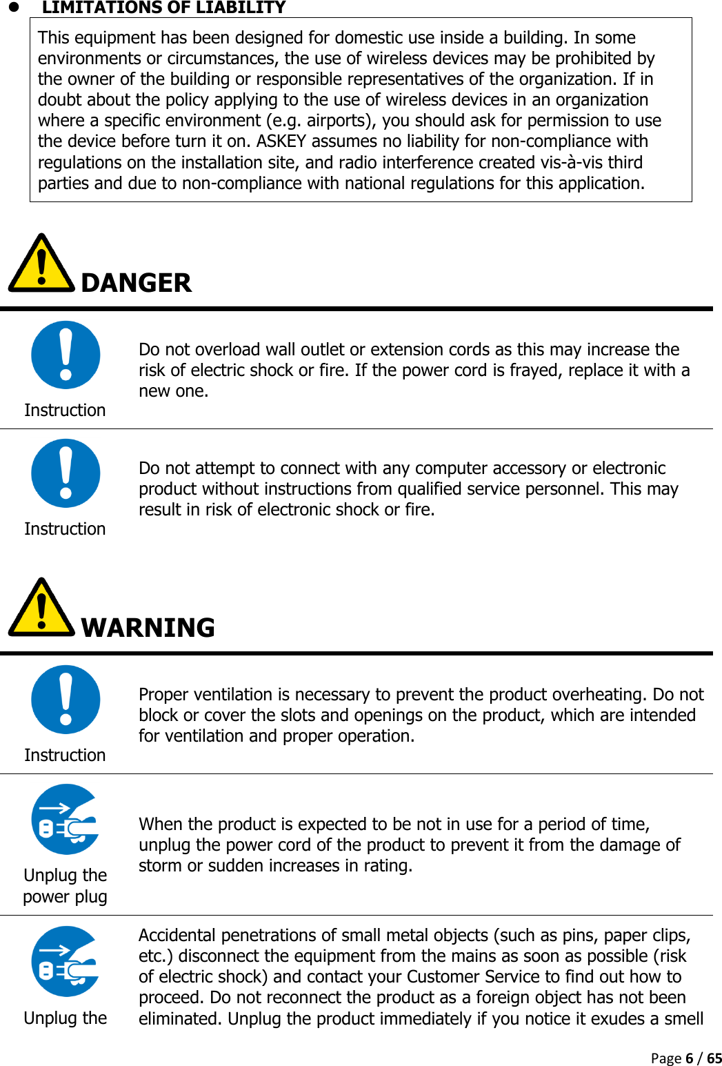  Page 6 / 65   LIMITATIONS OF LIABILITY This equipment has been designed for domestic use inside a building. In some environments or circumstances, the use of wireless devices may be prohibited by the owner of the building or responsible representatives of the organization. If in doubt about the policy applying to the use of wireless devices in an organization where a specific environment (e.g. airports), you should ask for permission to use the device before turn it on. ASKEY assumes no liability for non-compliance with regulations on the installation site, and radio interference created vis-à-vis third parties and due to non-compliance with national regulations for this application.   DANGER  Instruction Do not overload wall outlet or extension cords as this may increase the risk of electric shock or fire. If the power cord is frayed, replace it with a new one.  Instruction Do not attempt to connect with any computer accessory or electronic product without instructions from qualified service personnel. This may result in risk of electronic shock or fire.    WARNING  Instruction Proper ventilation is necessary to prevent the product overheating. Do not block or cover the slots and openings on the product, which are intended for ventilation and proper operation.  Unplug the power plug When the product is expected to be not in use for a period of time, unplug the power cord of the product to prevent it from the damage of storm or sudden increases in rating.  Unplug the Accidental penetrations of small metal objects (such as pins, paper clips, etc.) disconnect the equipment from the mains as soon as possible (risk of electric shock) and contact your Customer Service to find out how to proceed. Do not reconnect the product as a foreign object has not been eliminated. Unplug the product immediately if you notice it exudes a smell 